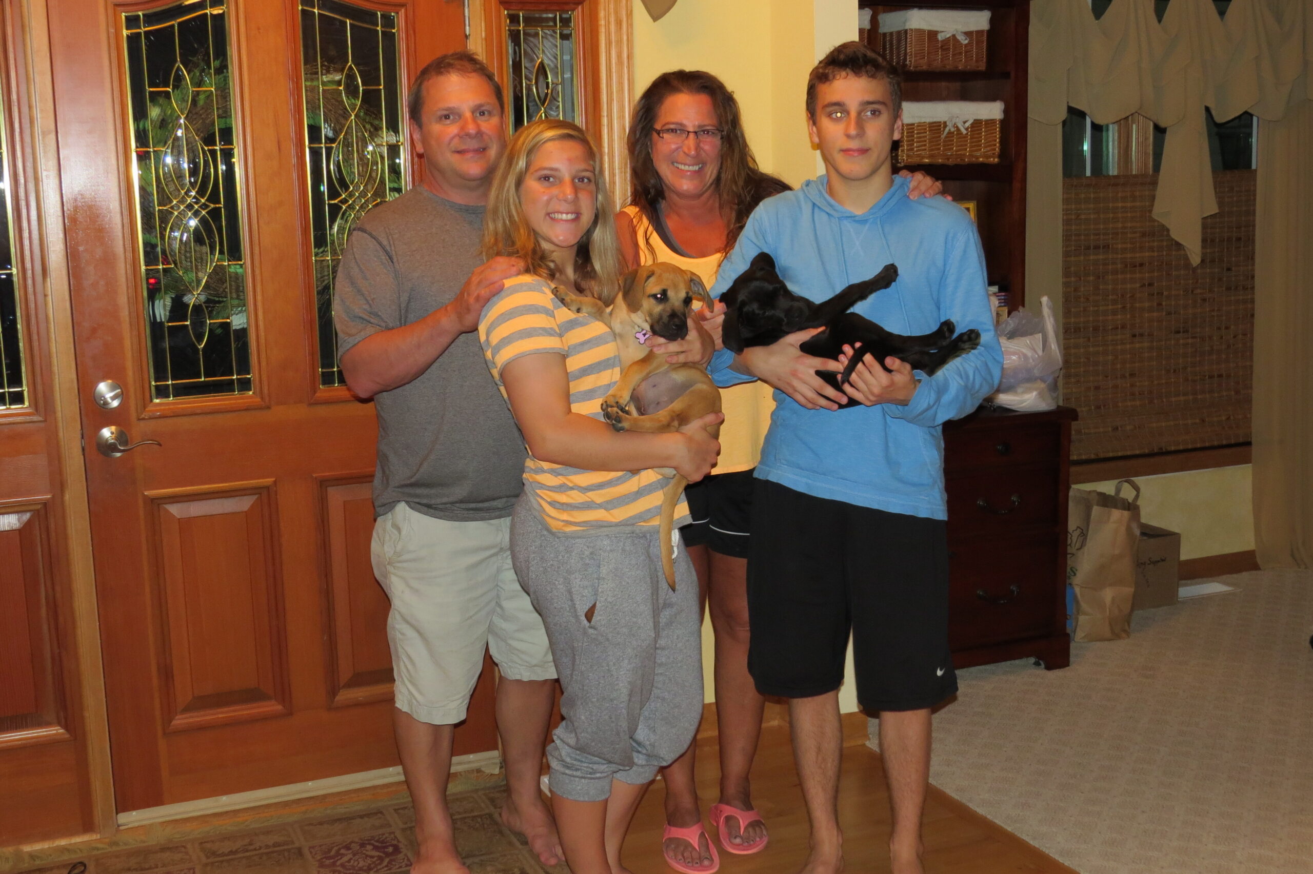 Family of four indoors posing with two puppies (tan and black) in front of a wooden entry door with decorative glass panels.
