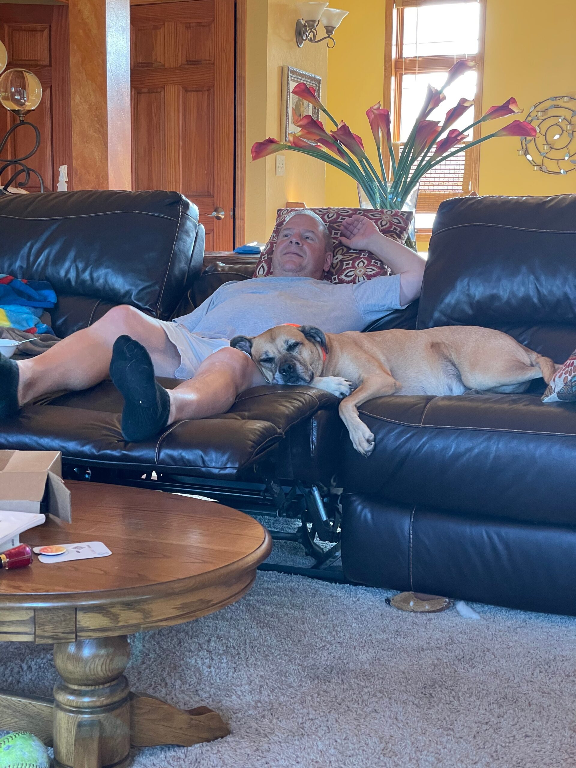 Man lying on a black leather sofa with a dog asleep beside him in a cozy living room.