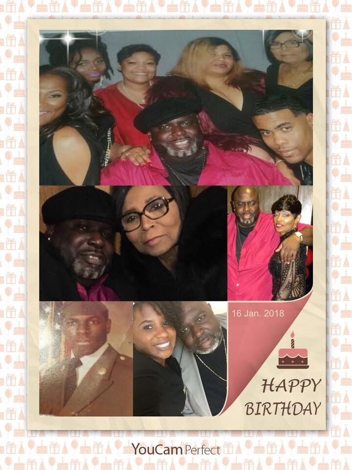 Collage of friends and family posing for a birthday montage, with a date of 16 Jan 2018 and a 'Happy Birthday' cake graphic, YouCam Perfect watermark visible.