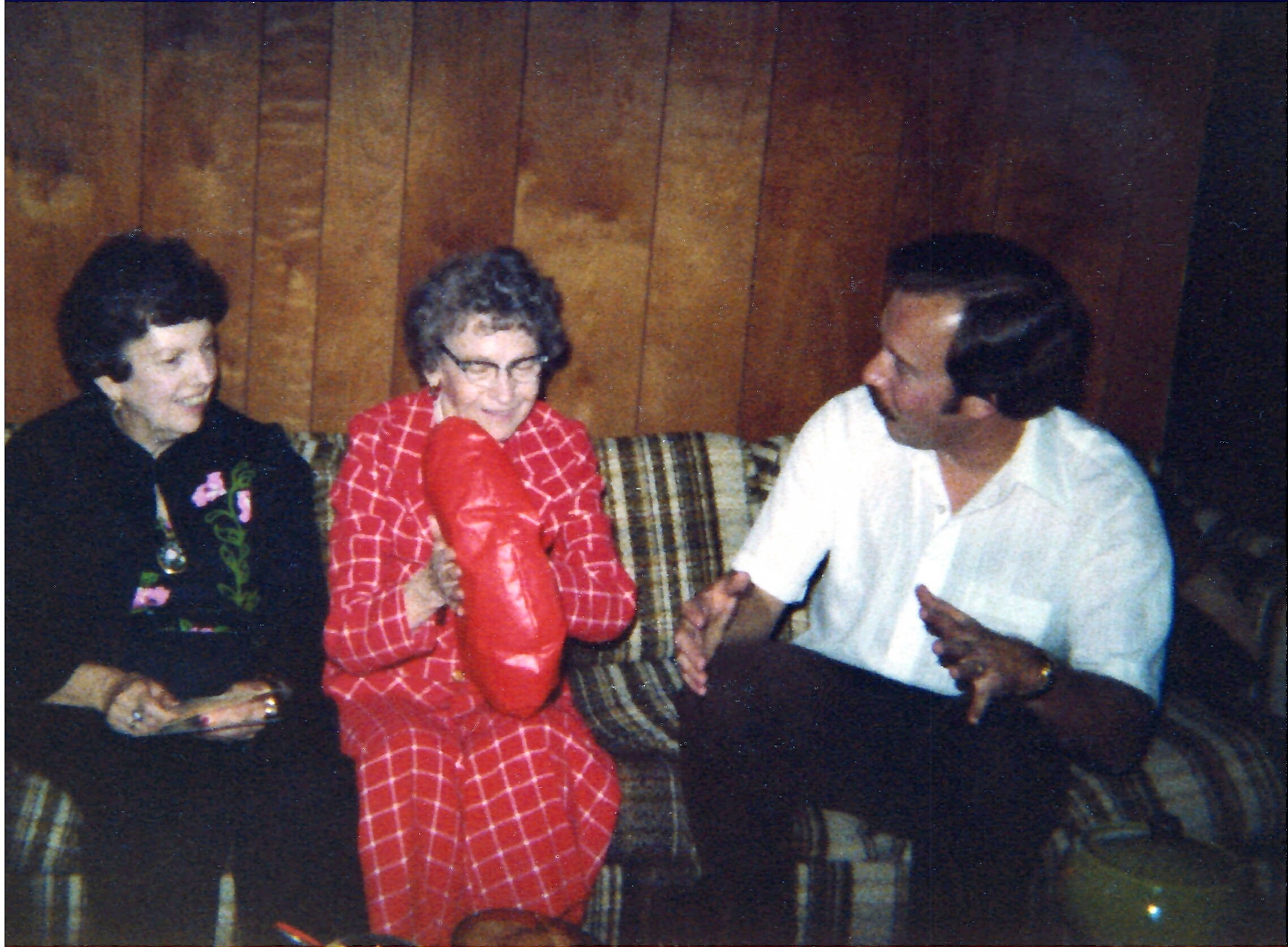 Three adults sit on a plaid sofa against a wooden-paneled wall, smiling and chatting.