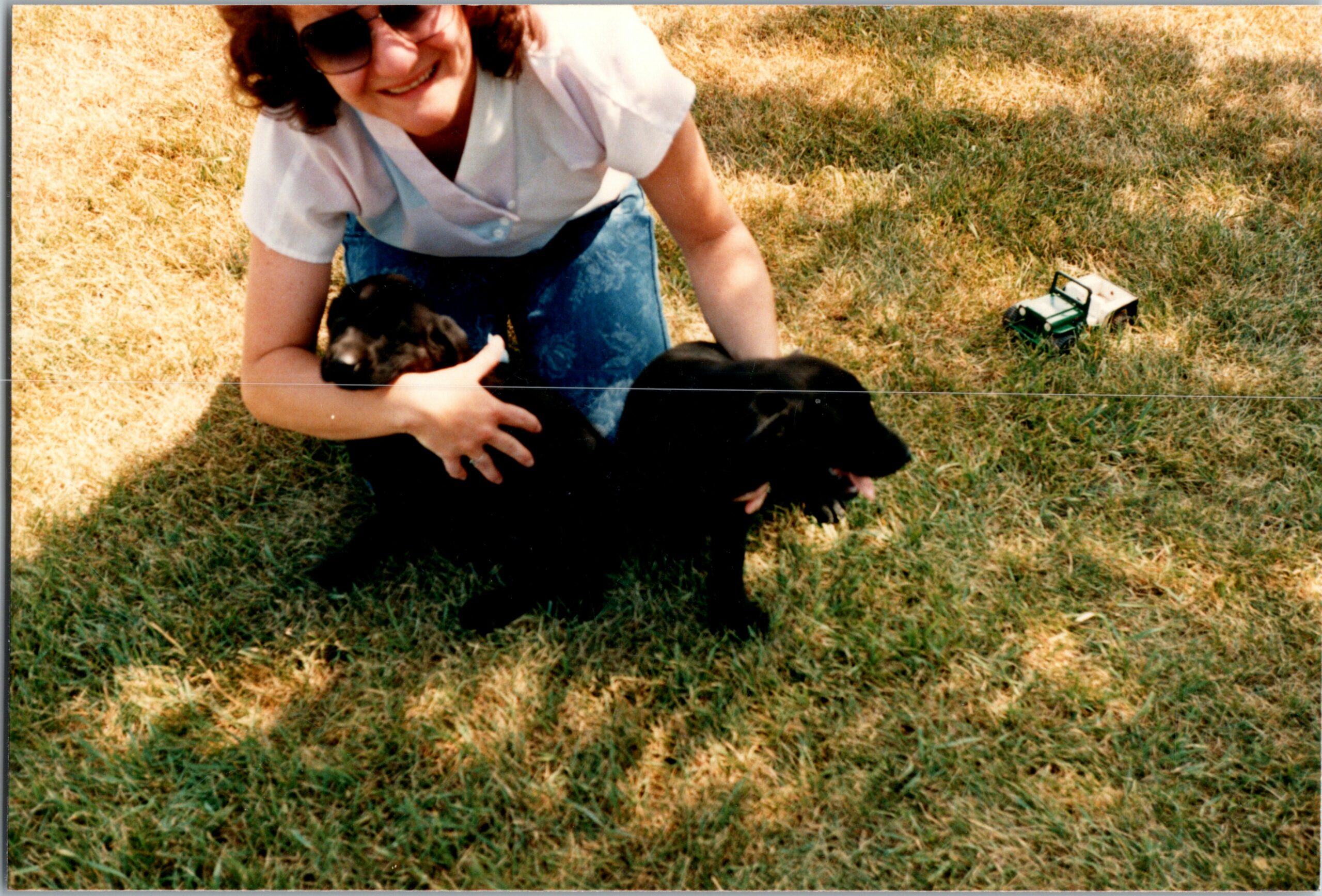 Person in a light shirt kneeling on dry grass, smiling while holding a small black dog; a toy green jeep lies nearby on the grass.