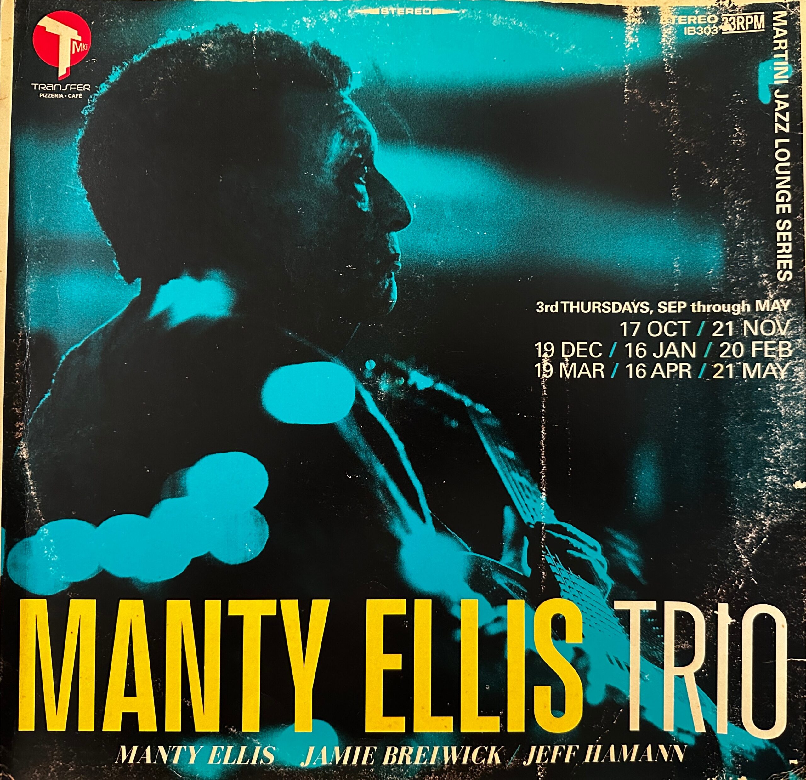 Blue-tinted promotional poster featuring a side profile silhouette and bold yellow performer names for a jazz lounge series, with vertical text on the right edge reading Jazz Lounge Series.