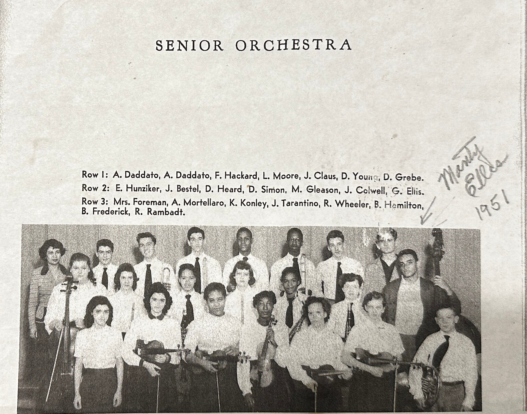 Black-and-white group photo of a Senior Orchestra with three rows of students in formal attire; roster text shown above.
