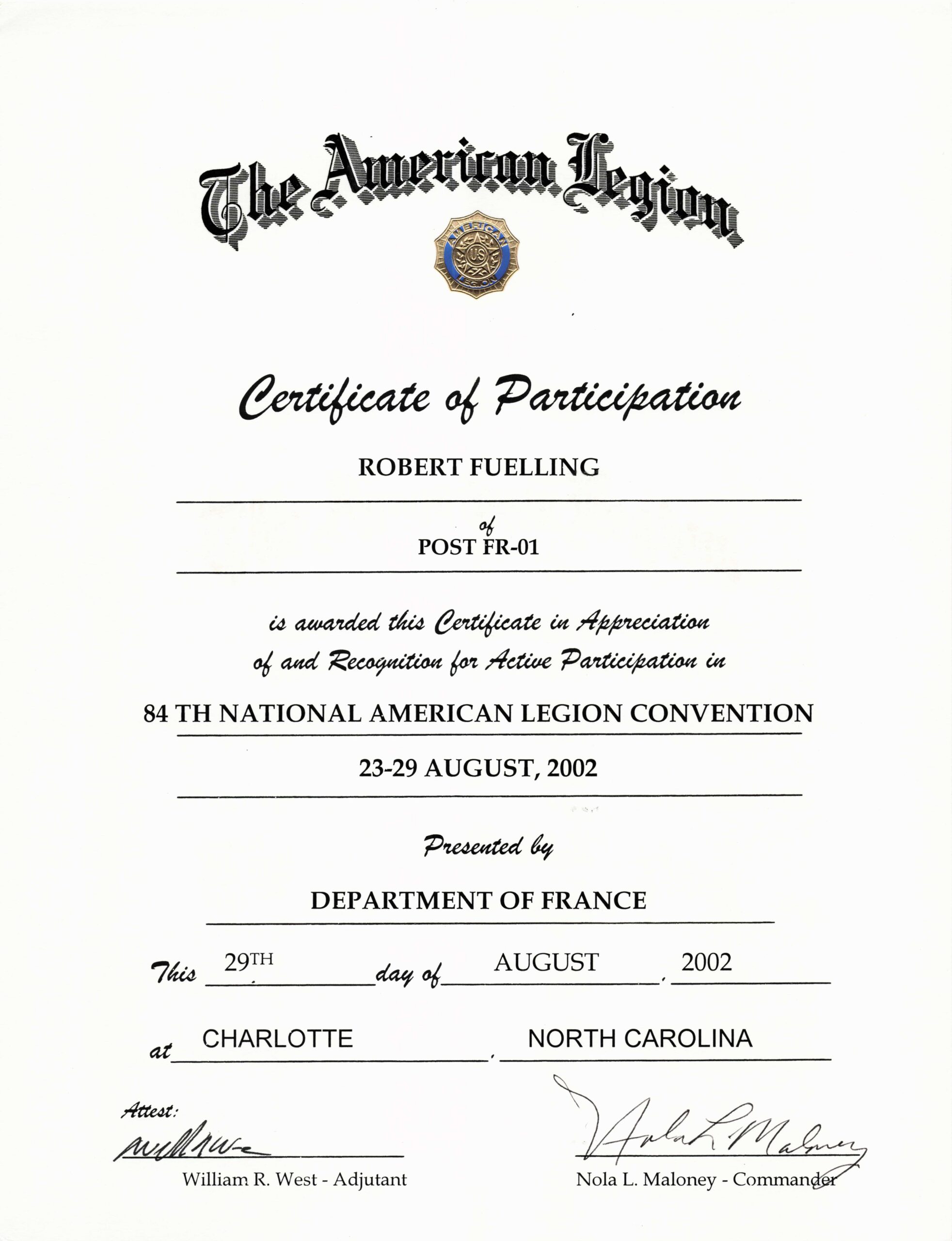 Certificate of Participation from The American Legion for the 84th National Convention, August 2002, with signatures at the bottom.
