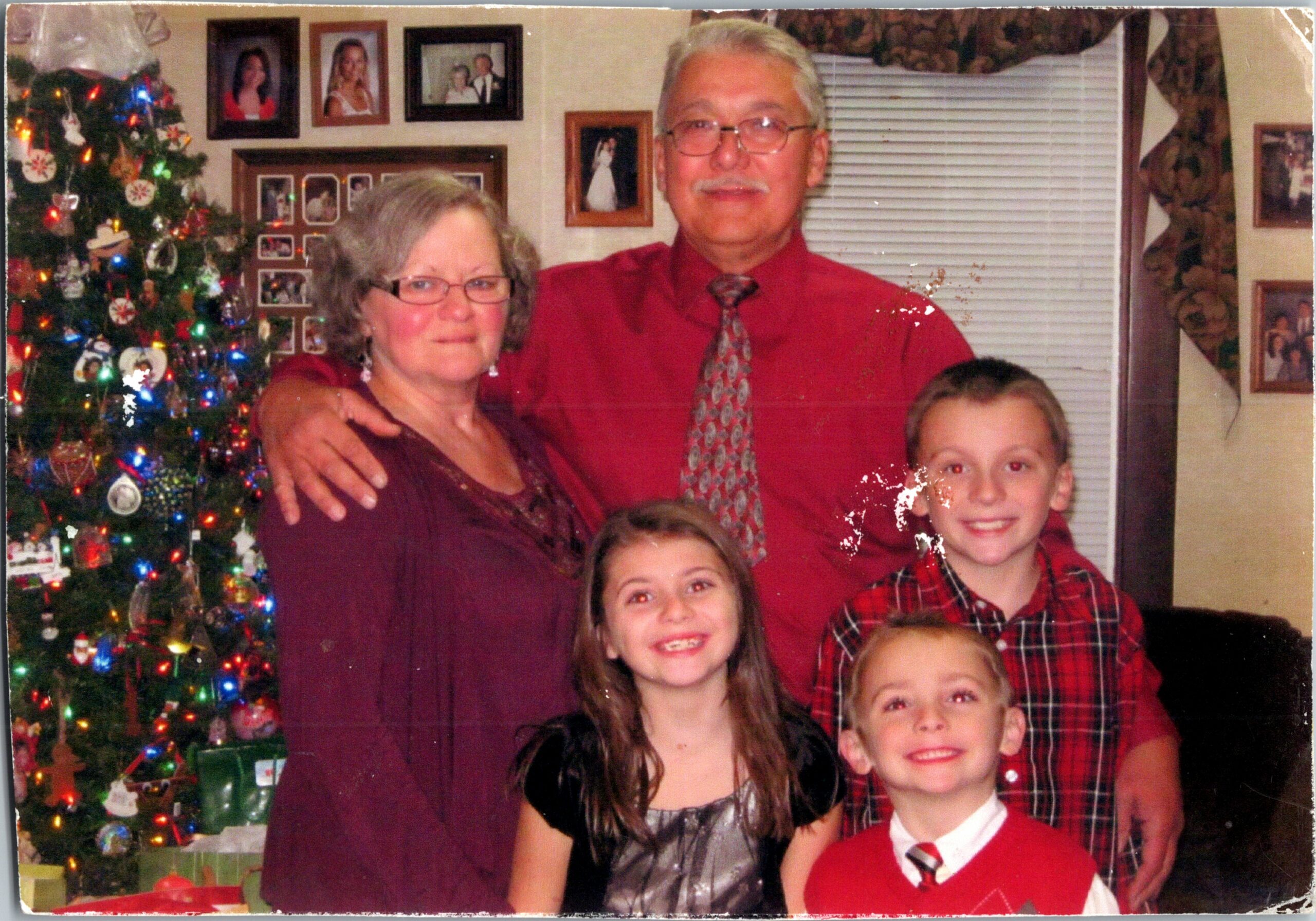 Multi-generation family posing together in a living room with a decorated Christmas tree in the background.