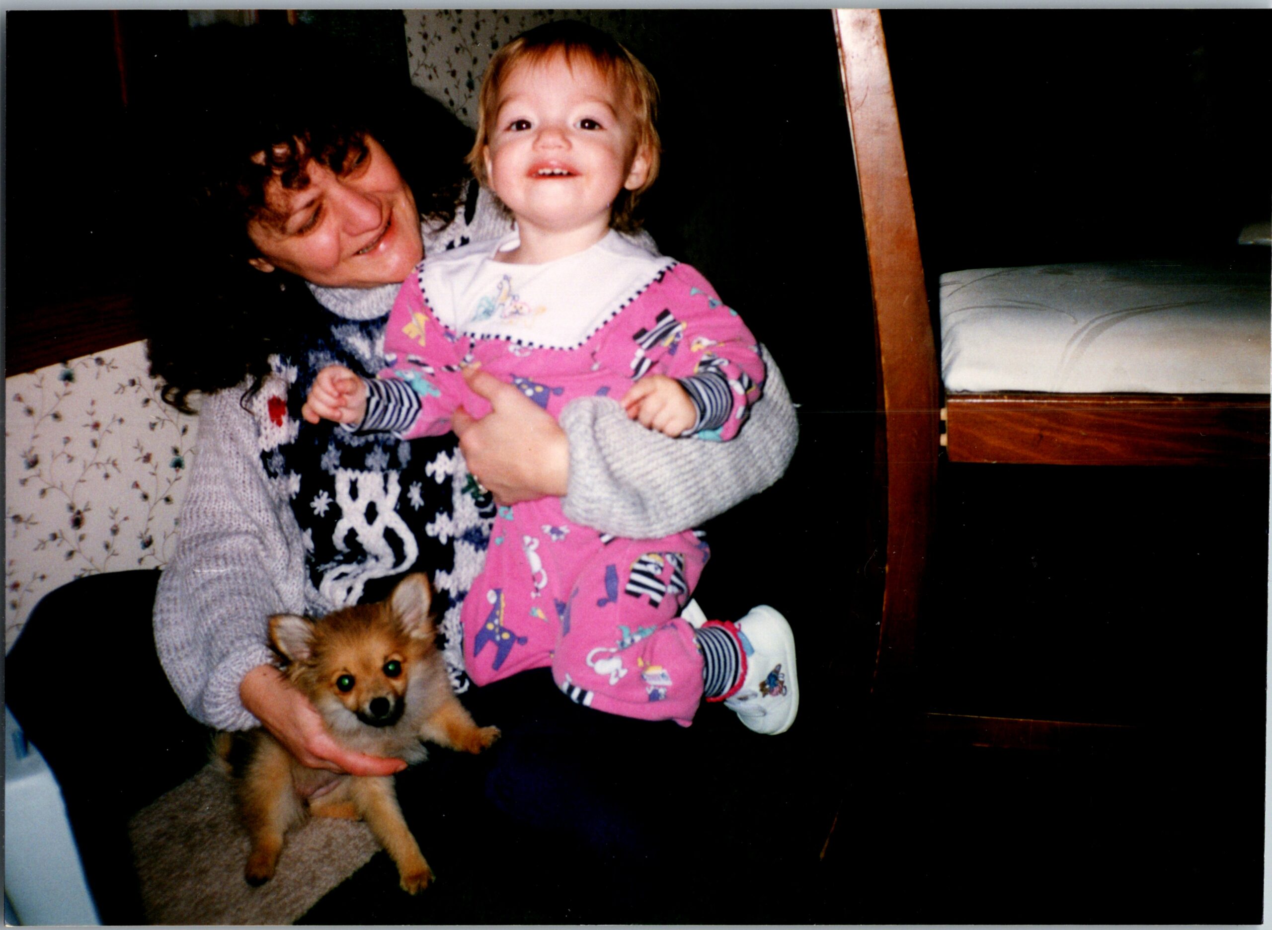 Child in pink patterned pajamas being held by a smiling woman indoors, with a small fluffy dog at their feet.