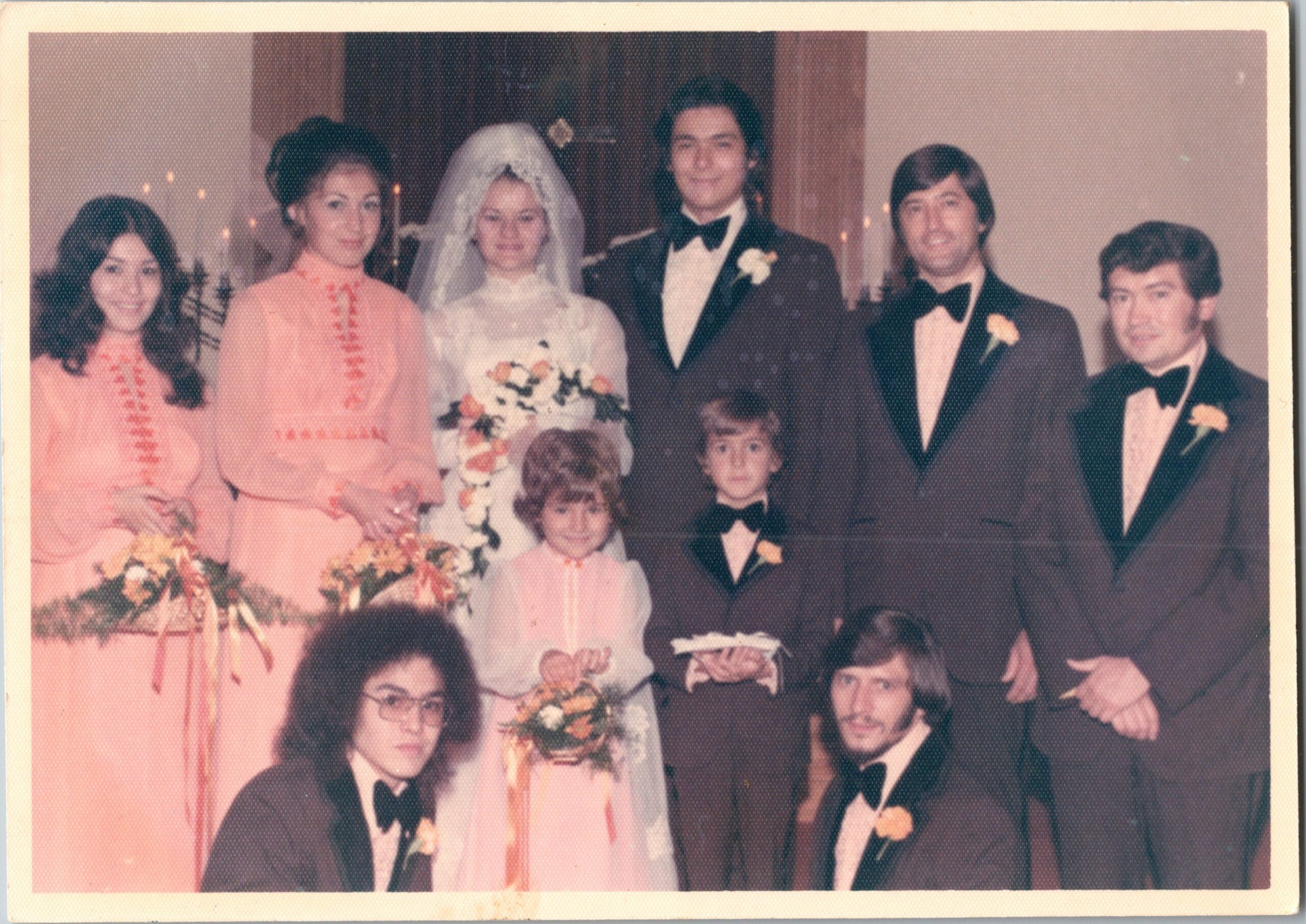 Wedding party group photo: bride in white with veil and bouquet, groom in tux, bridesmaids in pink dresses, and groomsmen in tuxedos indoors.