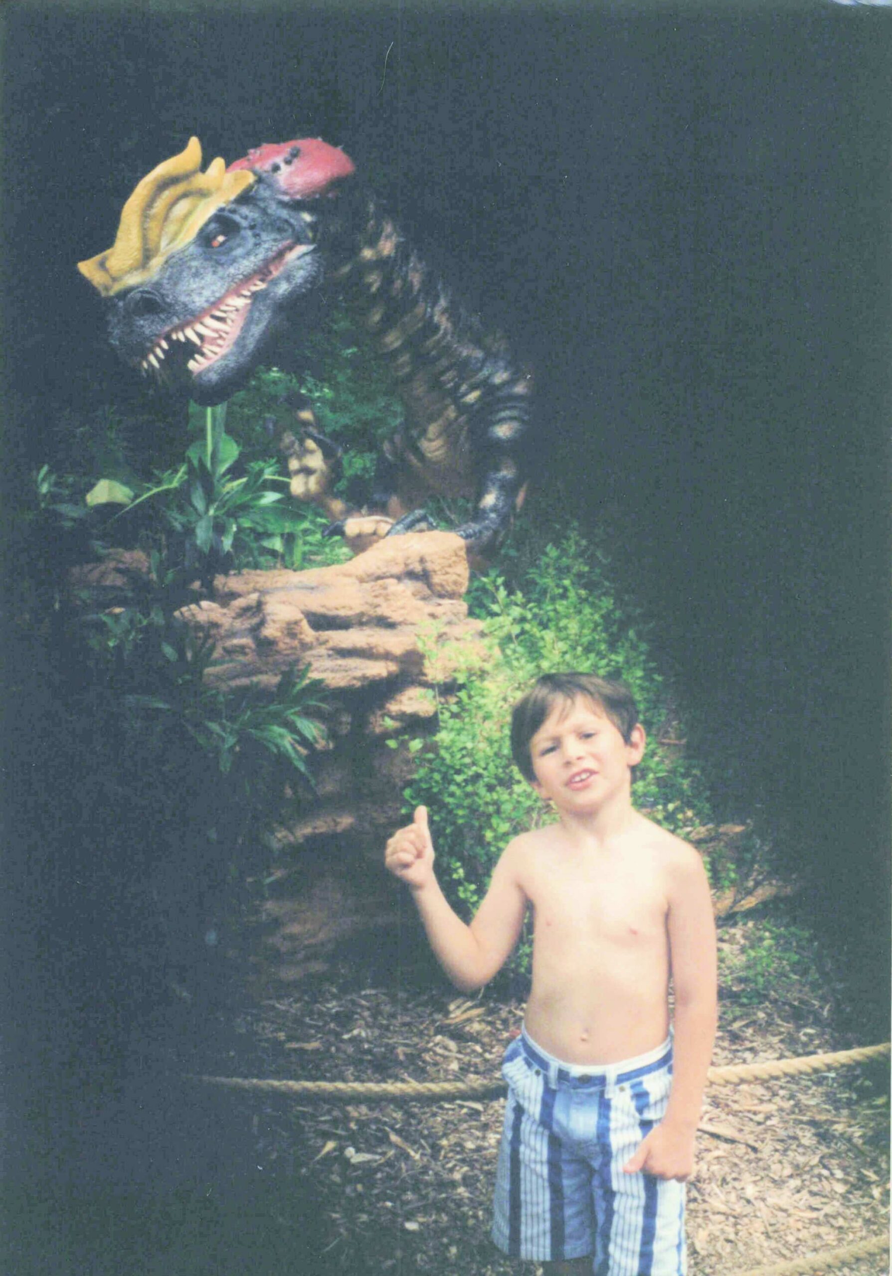 Young boy shirtless giving a thumbs-up next to a large dinosaur statue with a yellow crest in a rocky, plant-filled setting.