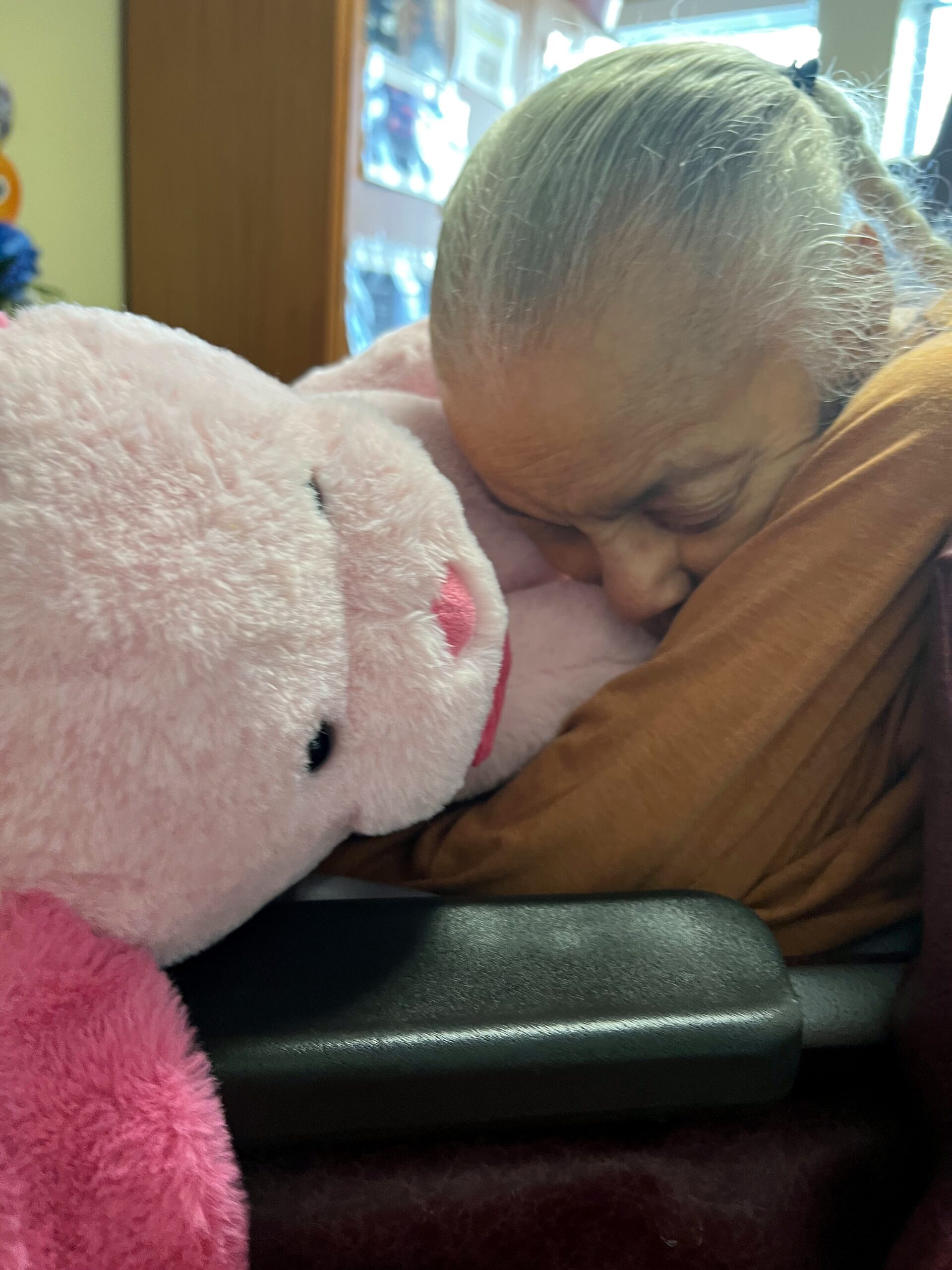 Sleeping infant cuddled with a pink stuffed toy, resting head on a brown cushion.