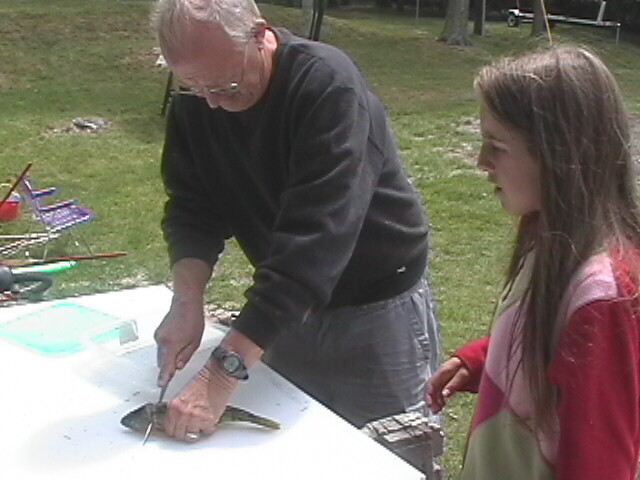 An older man filleting a fish on a white table outdoors while a girl watches nearby in a park setting.
