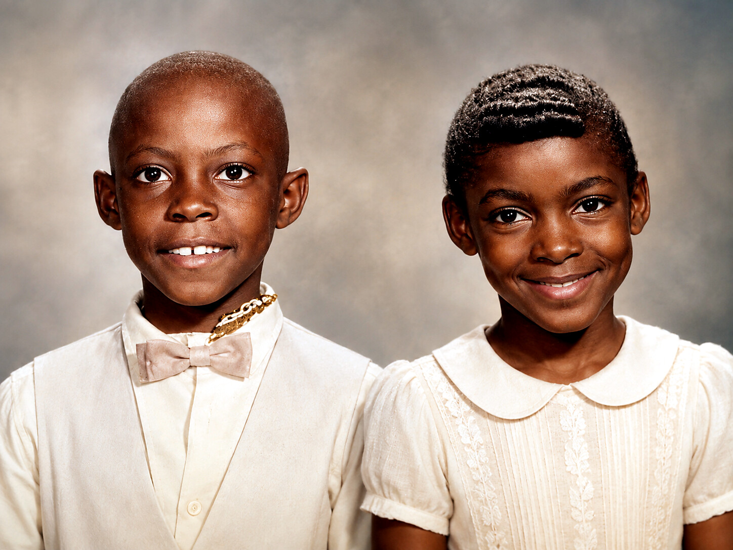 Two smiling African American children in cream outfits pose for a portrait with a soft, neutral background.