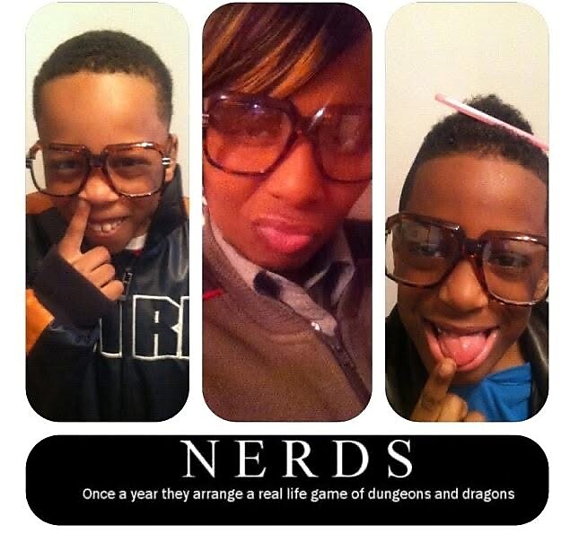 Three kids wearing oversized glasses posing playfully, with a 'NERDS' logo and tagline about Dungeons & Dragons at the bottom.