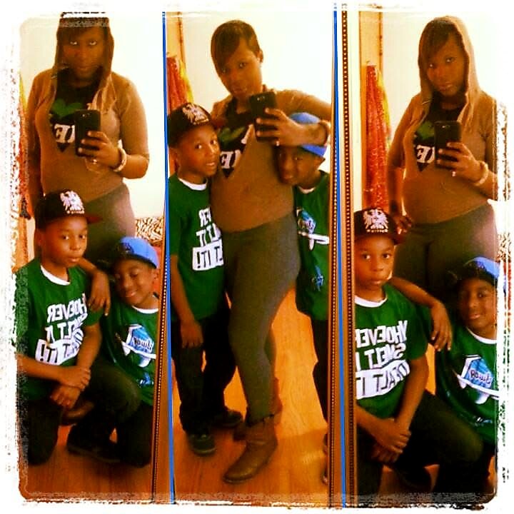Woman posing in a mirror with three young boys wearing green shirts; the pregnant mom centers the frame in a triptych-style collage.