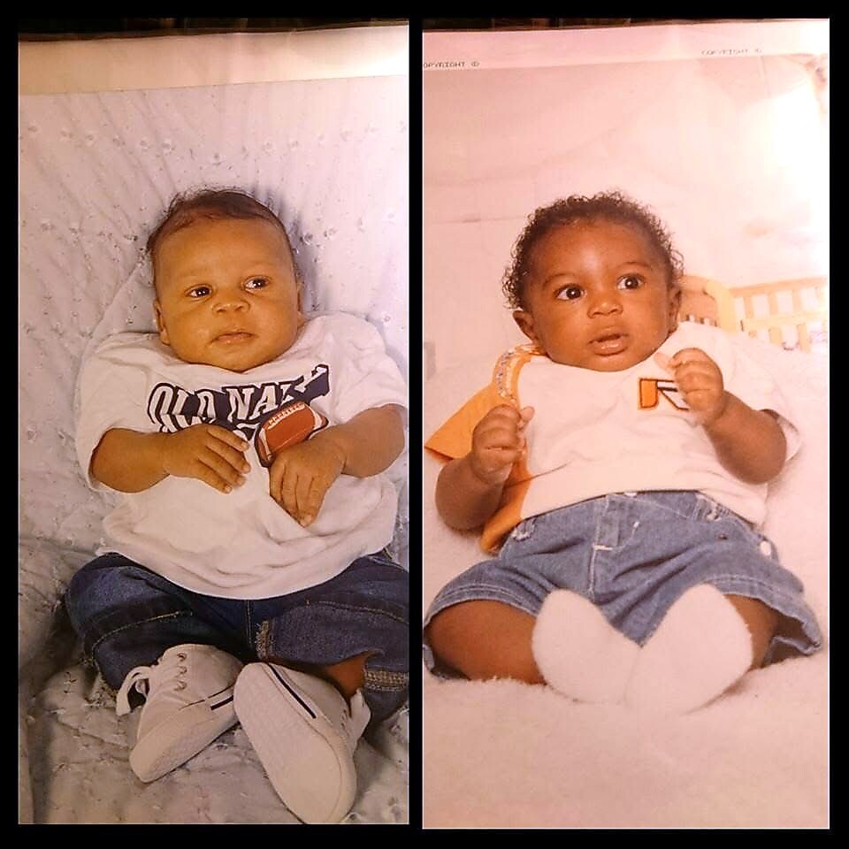 Two babies lie in side-by-side frames: left in a white tee and jeans with white sneakers, right in a white shirt with orange trim and denim shorts.