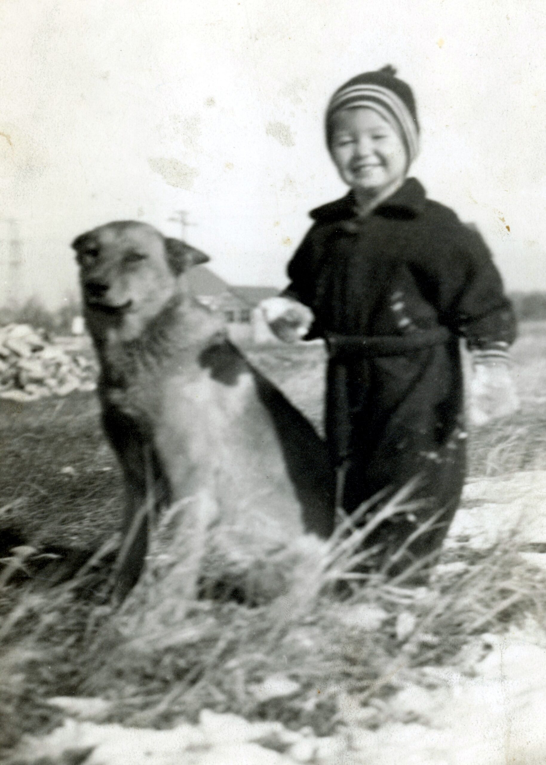 Smiling woman in a dark coat and striped hat standing beside a large dog in a snowy, rural field.