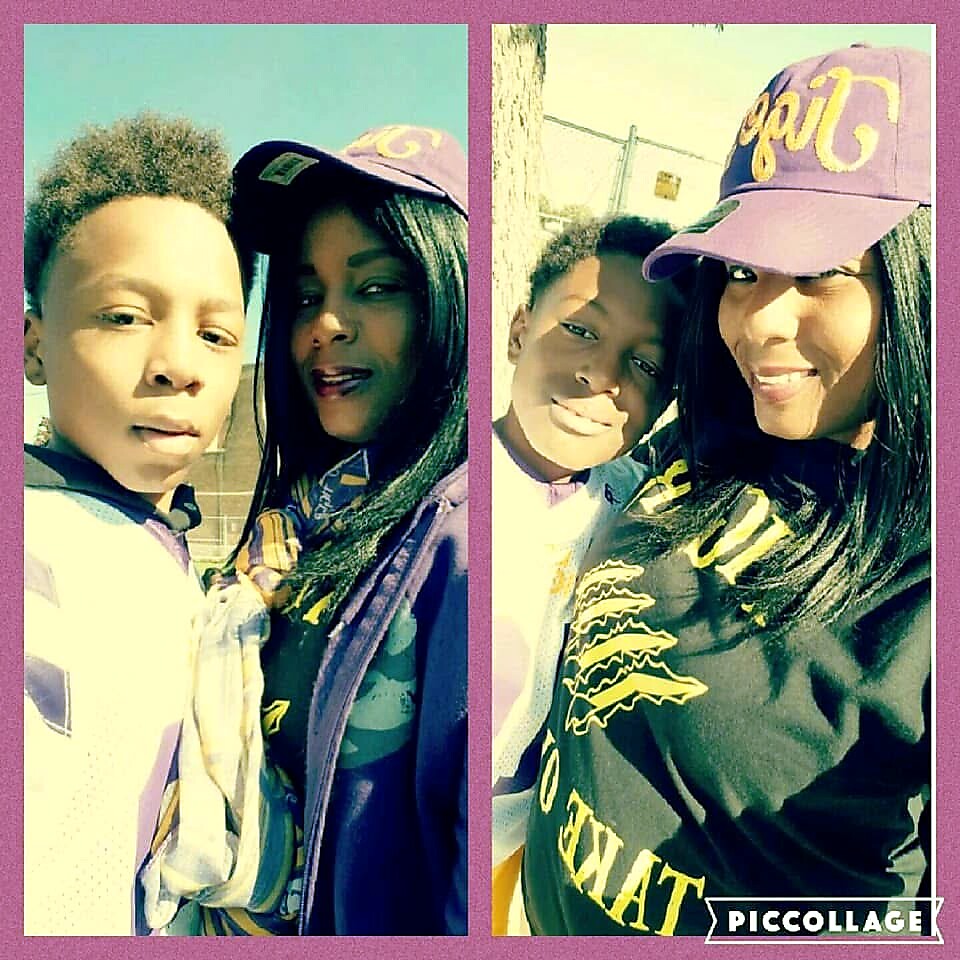 Two-panel collage of a woman and a boy posing together outdoors; left panel shows their close-up with a purple cap, right panel shows them smiling in sunlight.