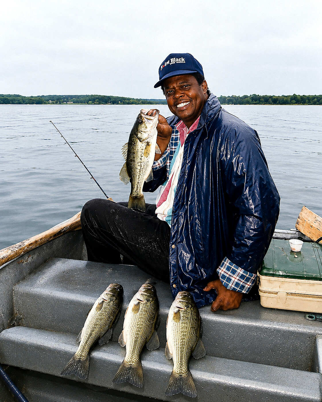 Man in a blue rain jacket on a small boat, proudly holding a largemouth bass while four other bass are lined up on the seat behind him by the lake edge.