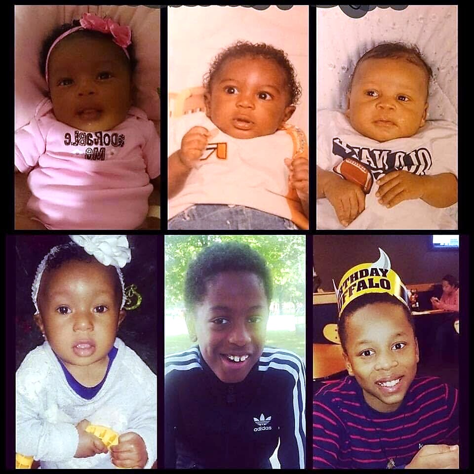 Six-panel collage of diverse children: top row left baby girl in pink with bow; center surprised baby in white shirt; right baby in white shirt holding a small object. Bottom row left baby girl with white bow and yellow toy; center teen boy smiling in black Adidas jacket outdoors; right boy wearing a birthday crown and striped shirt, smiling.