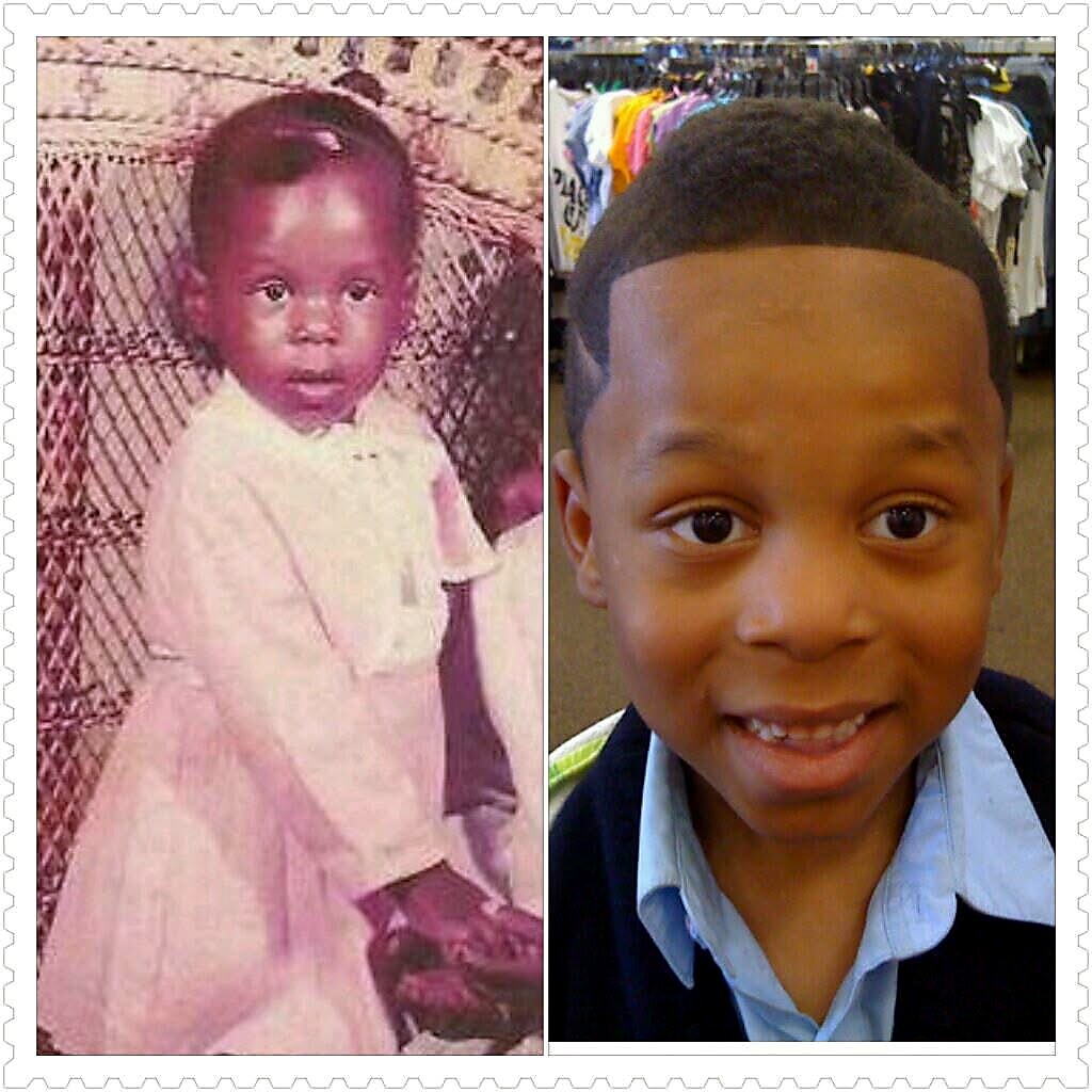 Side-by-side photo showing growth: a young child in a light dress on the left, and the same child smiling as a school-age kid on the right.