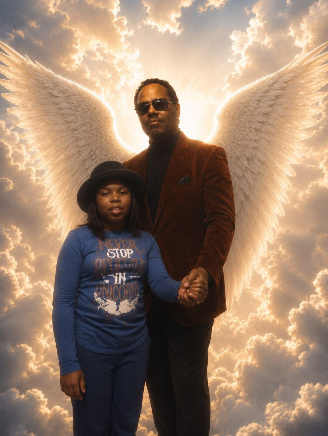A man in a brown blazer stands behind a girl, with bright angel wings and a glowing sky as they hold hands.