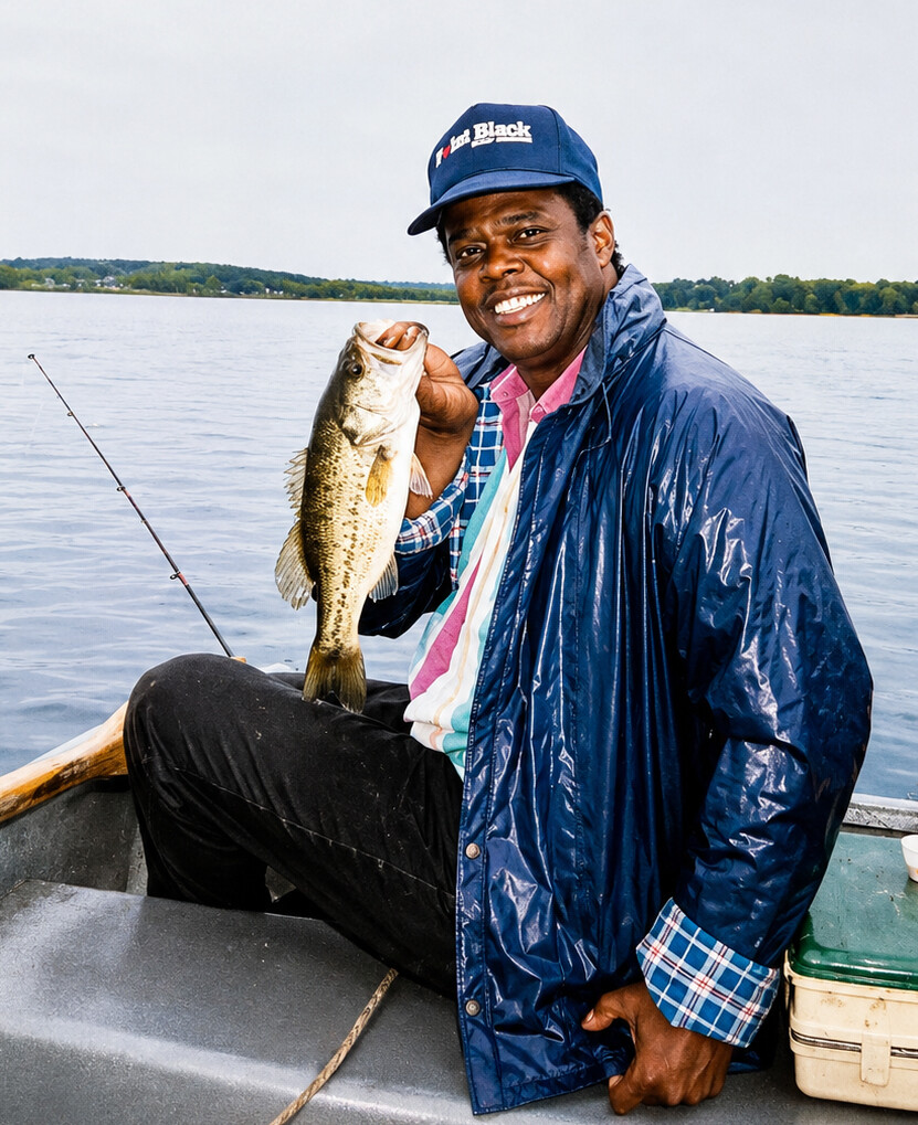 Smiling man in a blue rain jacket on a boat holding up a largemouth bass by a lake.
