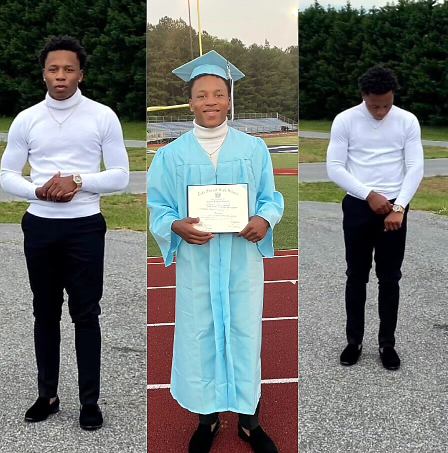 Triptych of a young man: left and right in a white turtleneck and black pants posing, middle in a blue graduation gown holding a diploma on a track field.