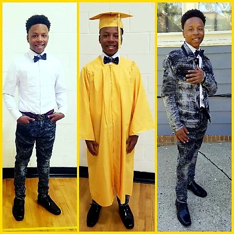 Triptych of a young man: white shirt with bow tie and jeans; yellow graduation gown and cap; denim-on-denim outfit taking a mirror selfie.