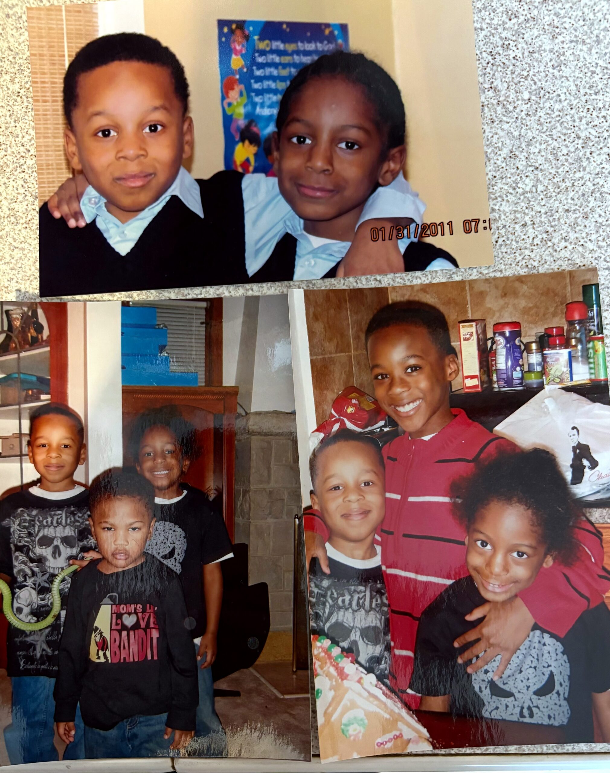 A collage of smiling children posing together indoors, as if from school photos or a family album.