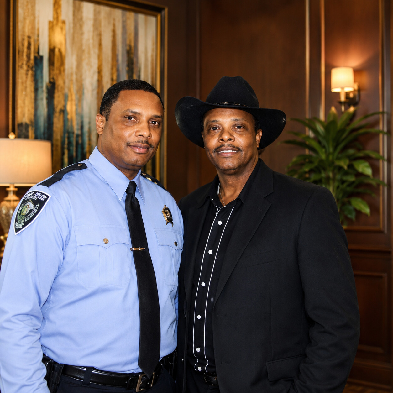 Two men pose together indoors: a police officer in a light blue uniform beside a man in a black suit and cowboy hat.