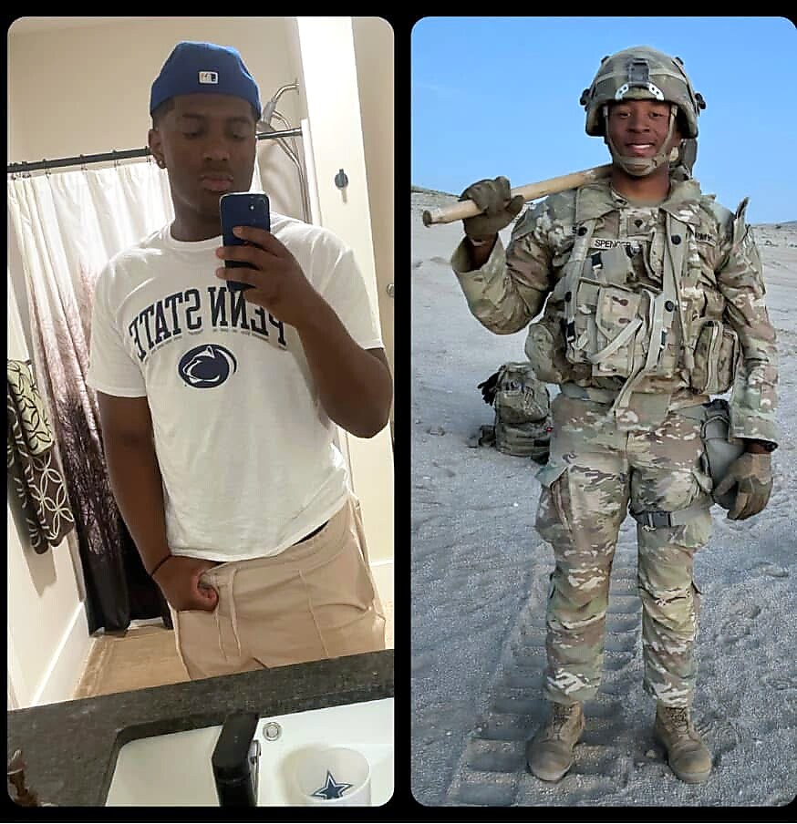 Young man taking a mirror selfie in a bathroom, wearing a Penn State t-shirt and a blue cap.