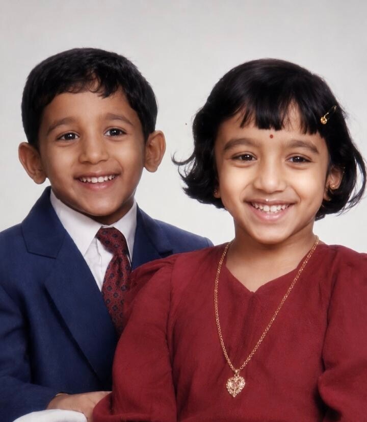 Two smiling children posing for a portrait: a boy in a blue suit and red tie next to a girl in a maroon dress with a heart-shaped pendant necklace.