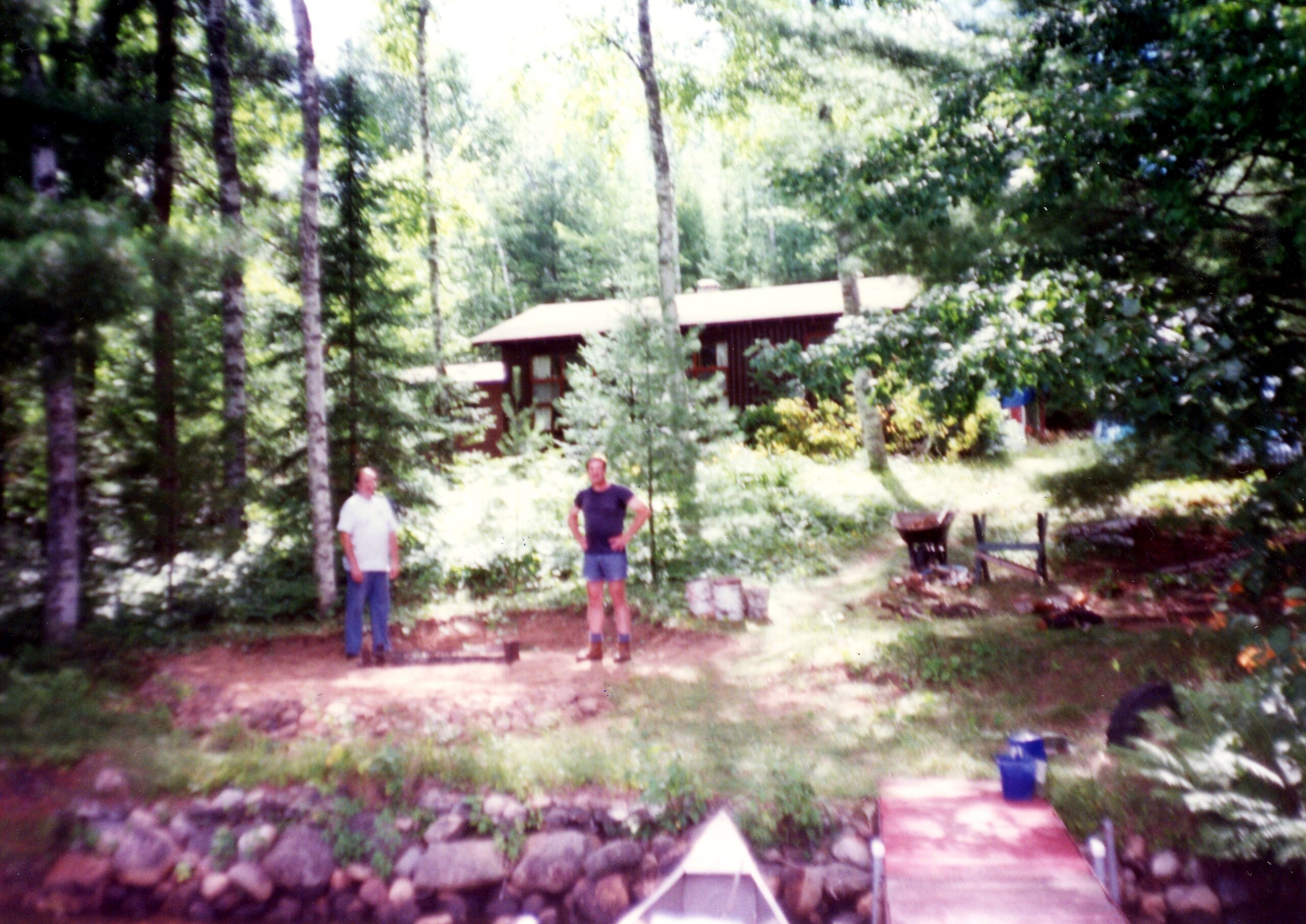 Blurry wooded backyard with a wooden cabin, two men standing among trees and foliage.