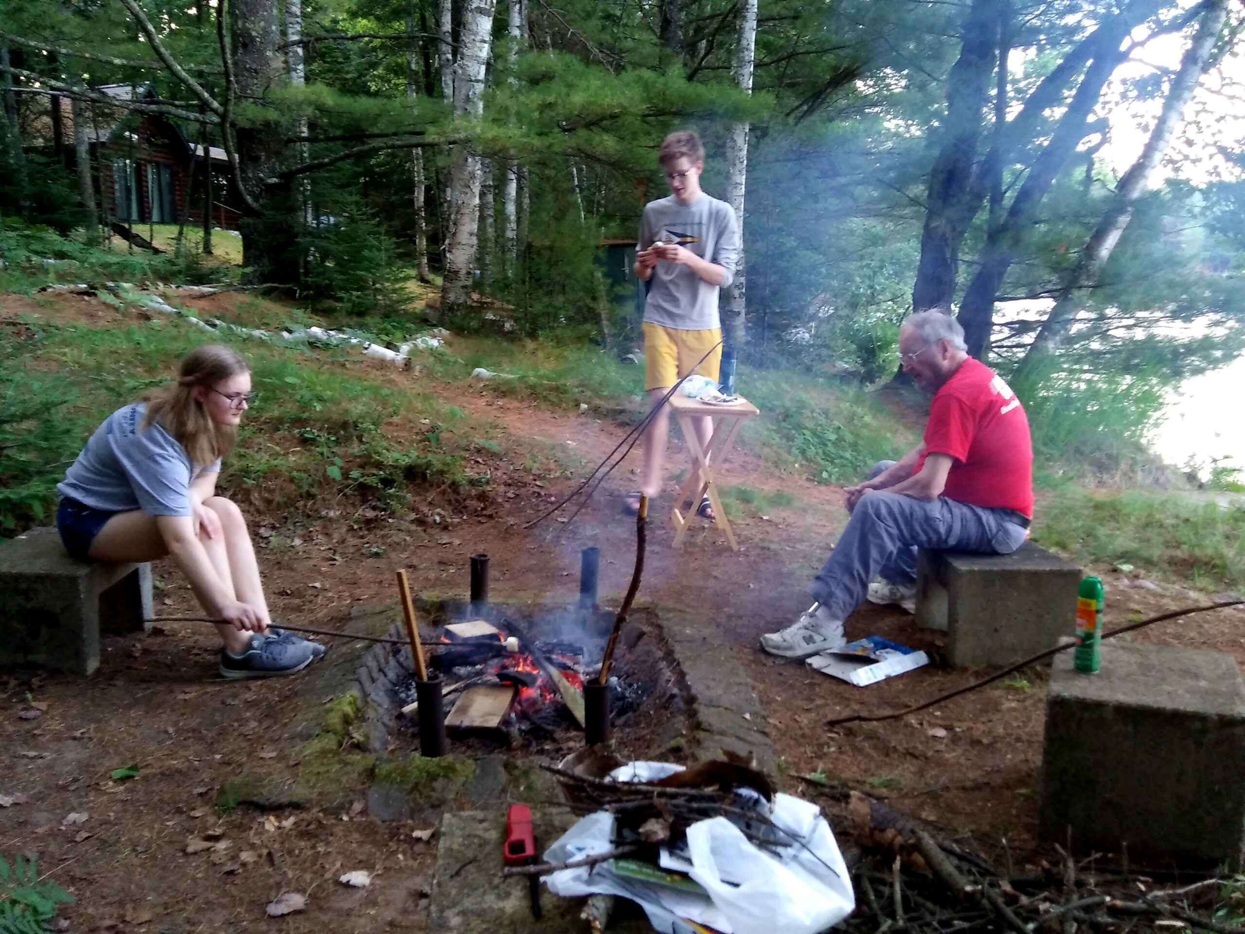 Group of people around a campfire in a forest clearing, cooking or chatting with smoke rising from the fire pit.