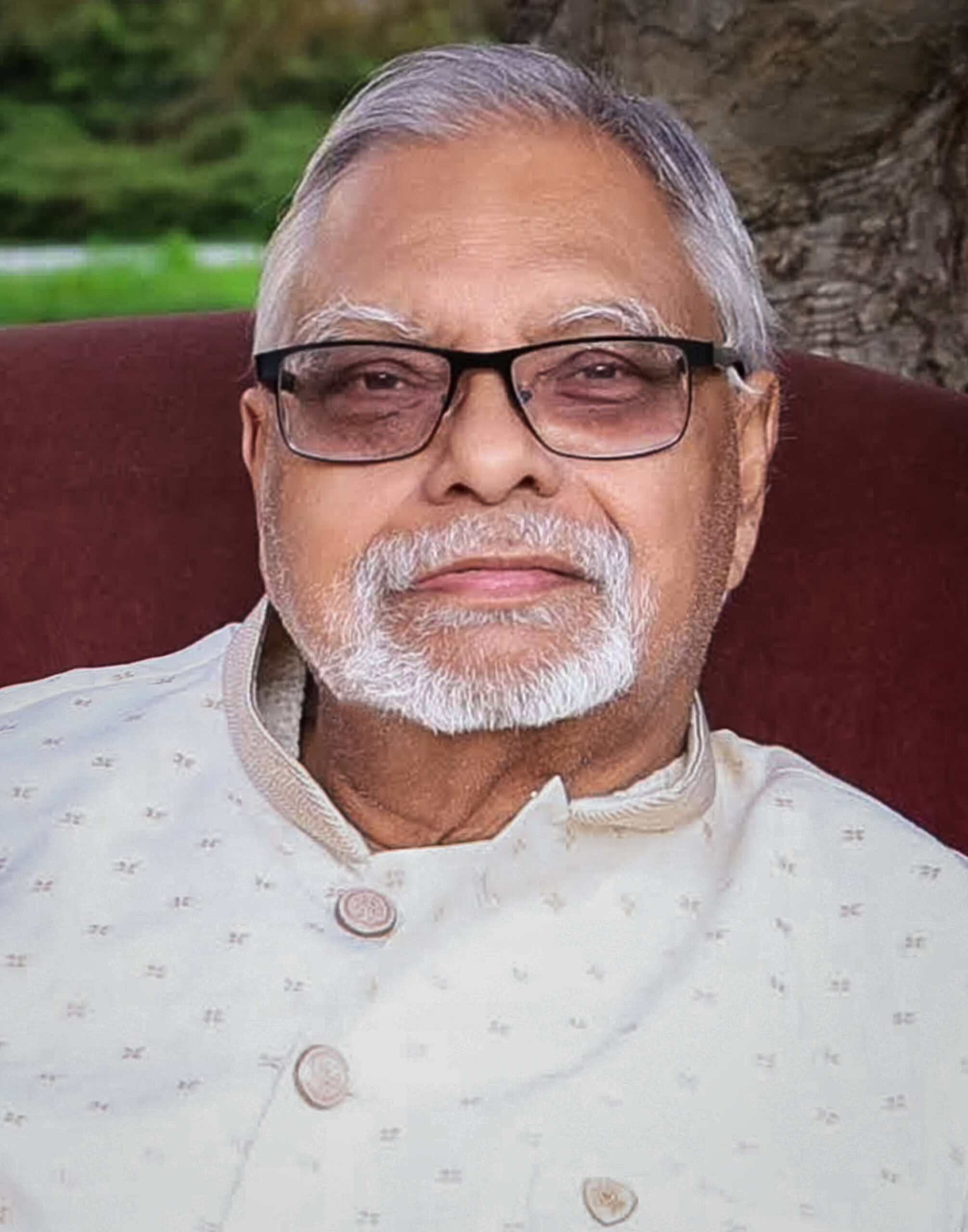 Close-up portrait of an elderly man with gray hair and beard wearing glasses, seated outdoors by a tree.