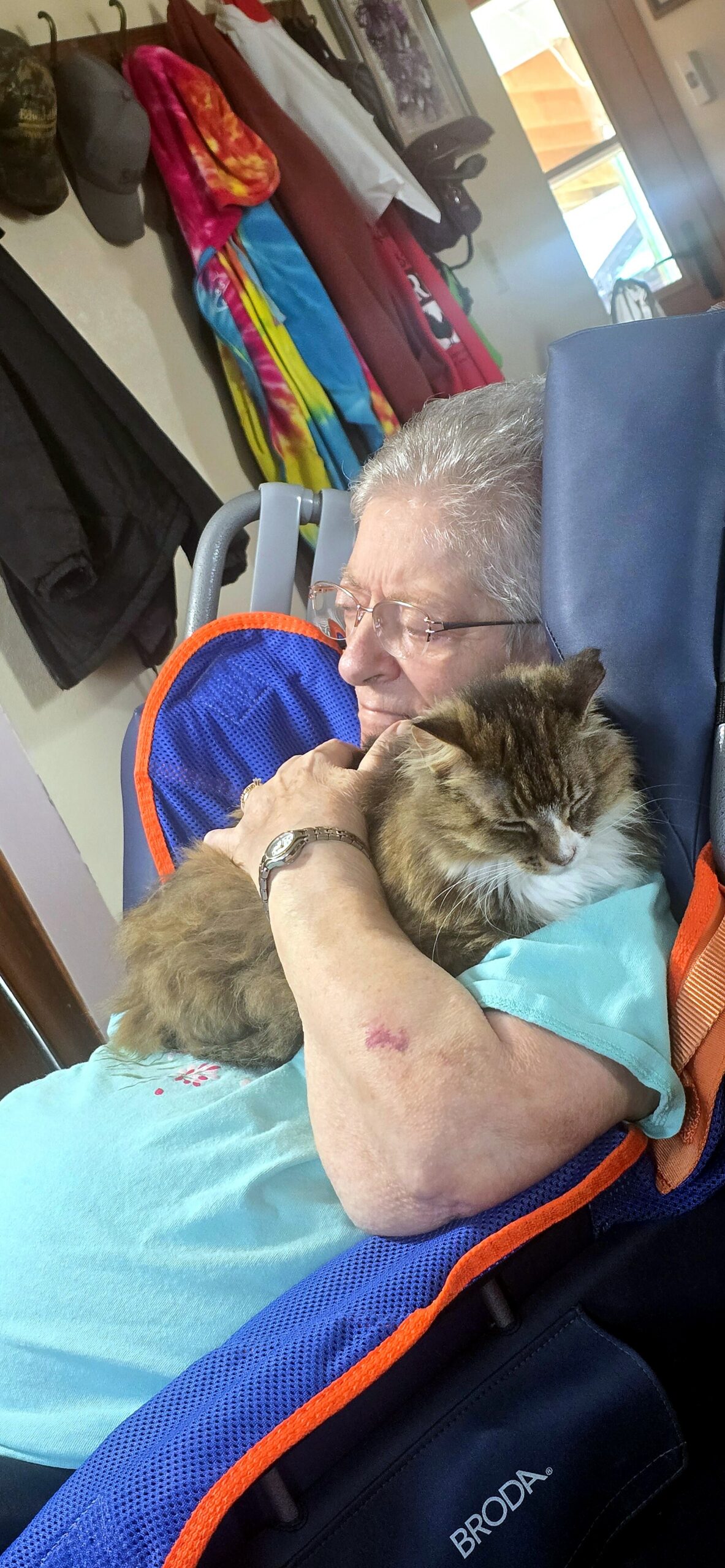 Elderly woman in a blue Broda chair cradles a fluffy brown-and-white cat on her chest.