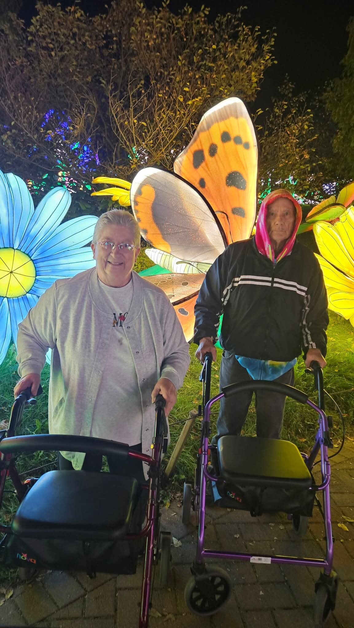Two elderly people with walking frames posing in front of illuminated butterfly sculptures at night in a garden setting.