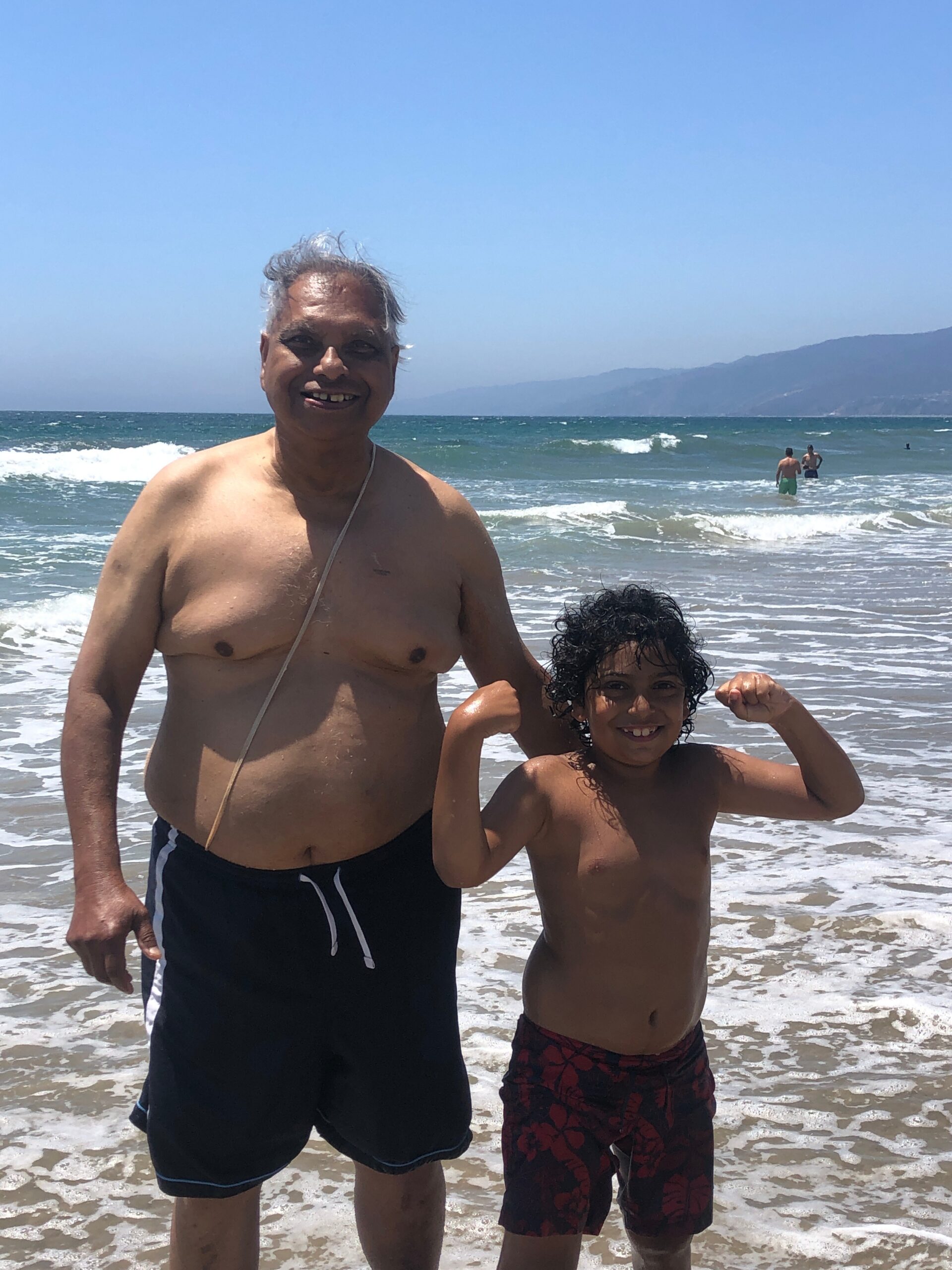 Smiling man and boy stand in shallow seawater at the beach, arms raised in a friendly pose, with waves and distant mountains.