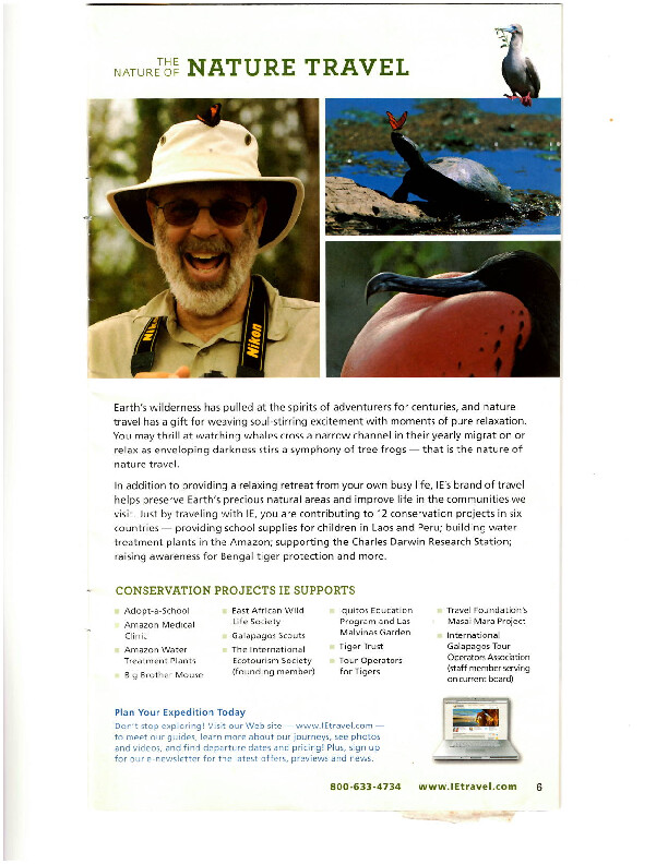 Magazine page titled 'The Nature of Nature Travel' showing a smiling man with a sun hat and three wildlife photos (bird, seal, close-up beak) with conservation text below.