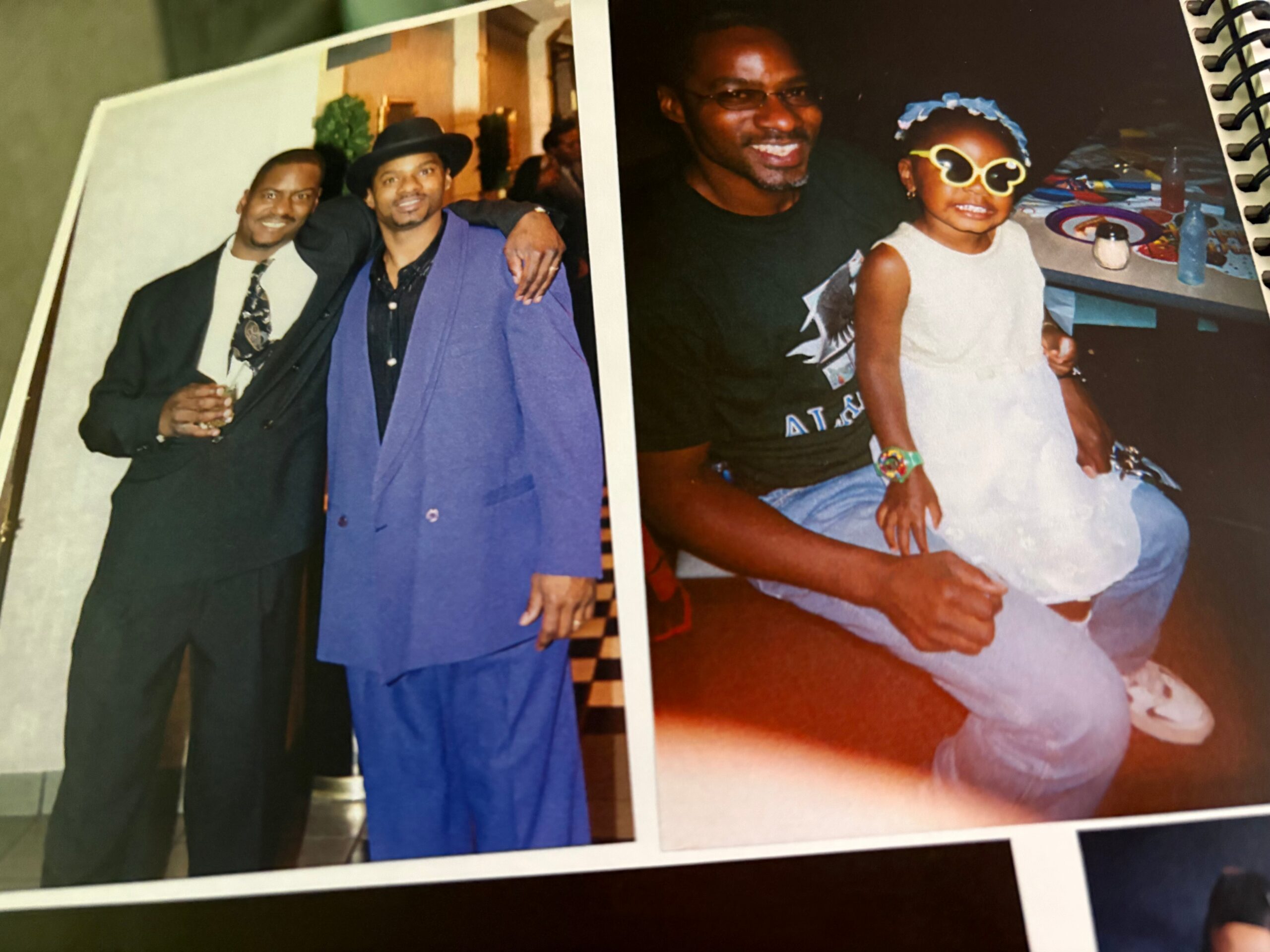 Two friends posing together at a party, one in a black suit and the other in a blue blazer with a hat on the left side of the collage.