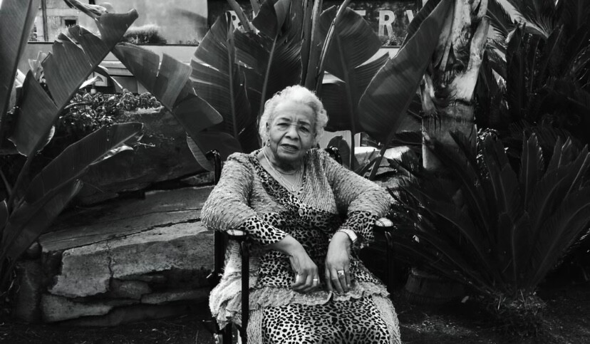 Elderly woman in a leopard-print dress sitting in a wheelchair outdoors among large tropical plants, looking at the camera.