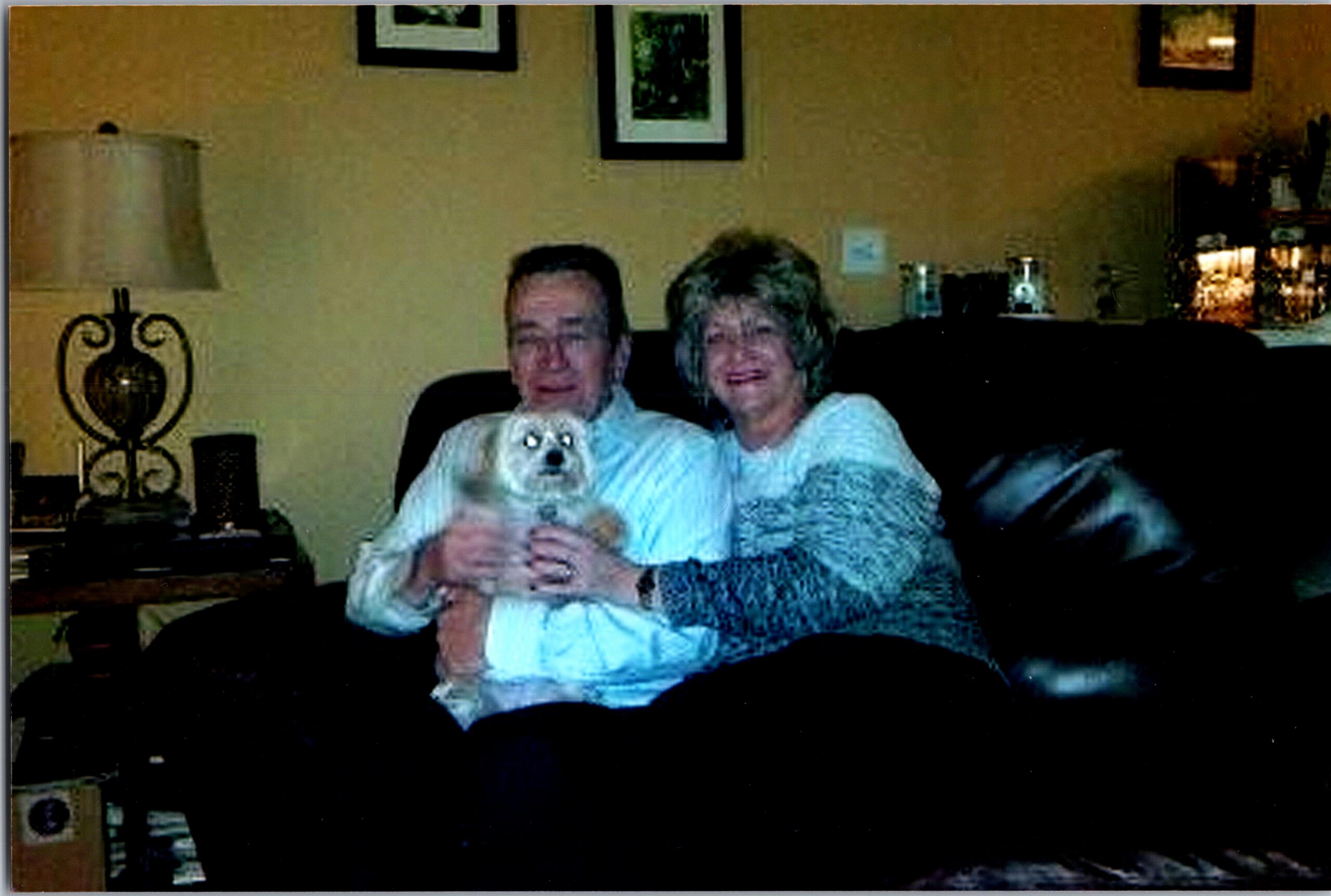 A smiling couple sits on a sofa holding a small white dog between them in a living room.