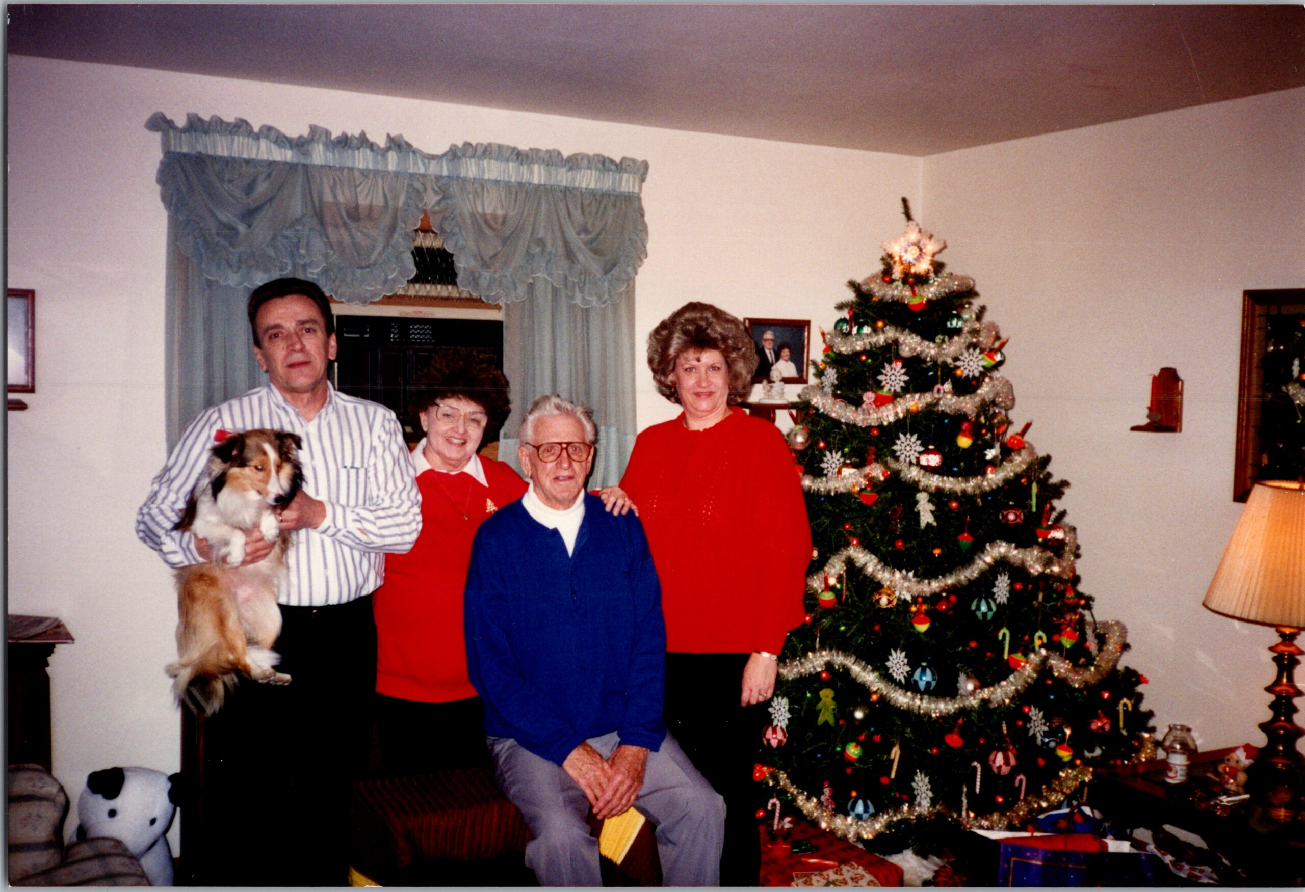 Family posing with a dog near a decorated Christmas tree in a living room. This appears to be a holiday photo.