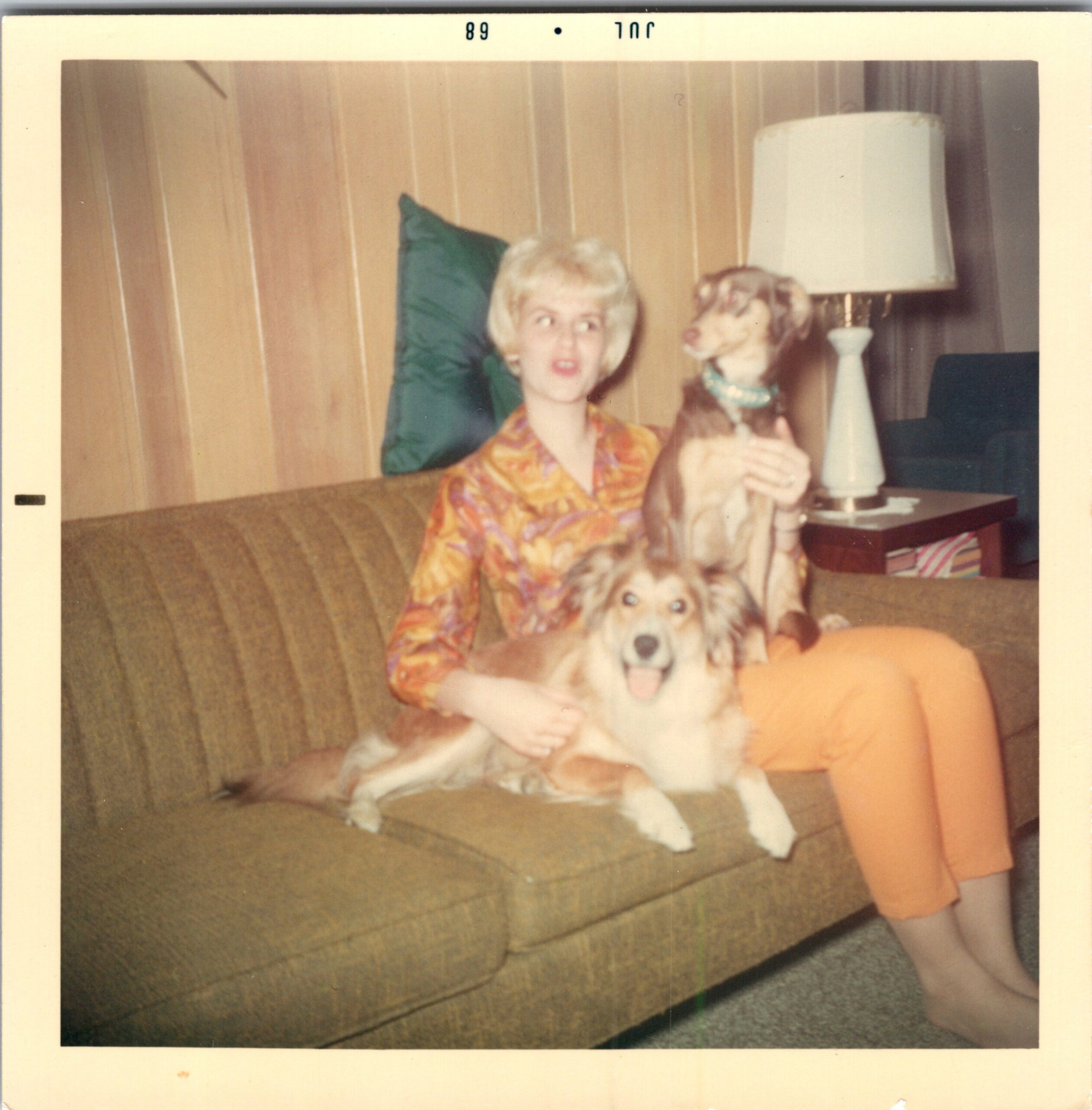 Blurry vintage living room photo of a blonde woman in a colorful blouse sitting on a striped couch, holding a small dog; a second dog is in the foreground.