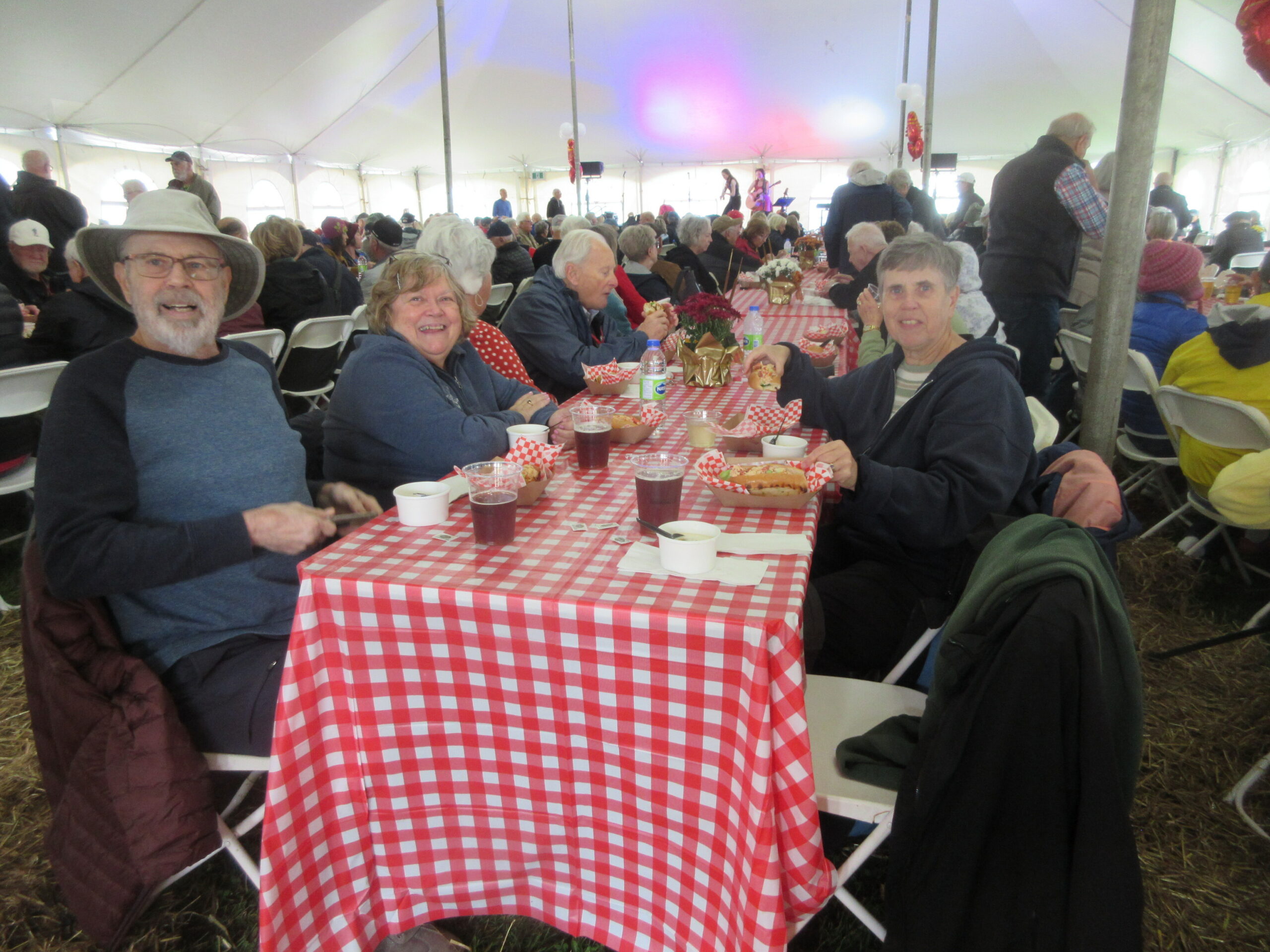 Group of seniors dining at a long table under a large tent with red-and-white checkered tablecloths short distance from the camera.