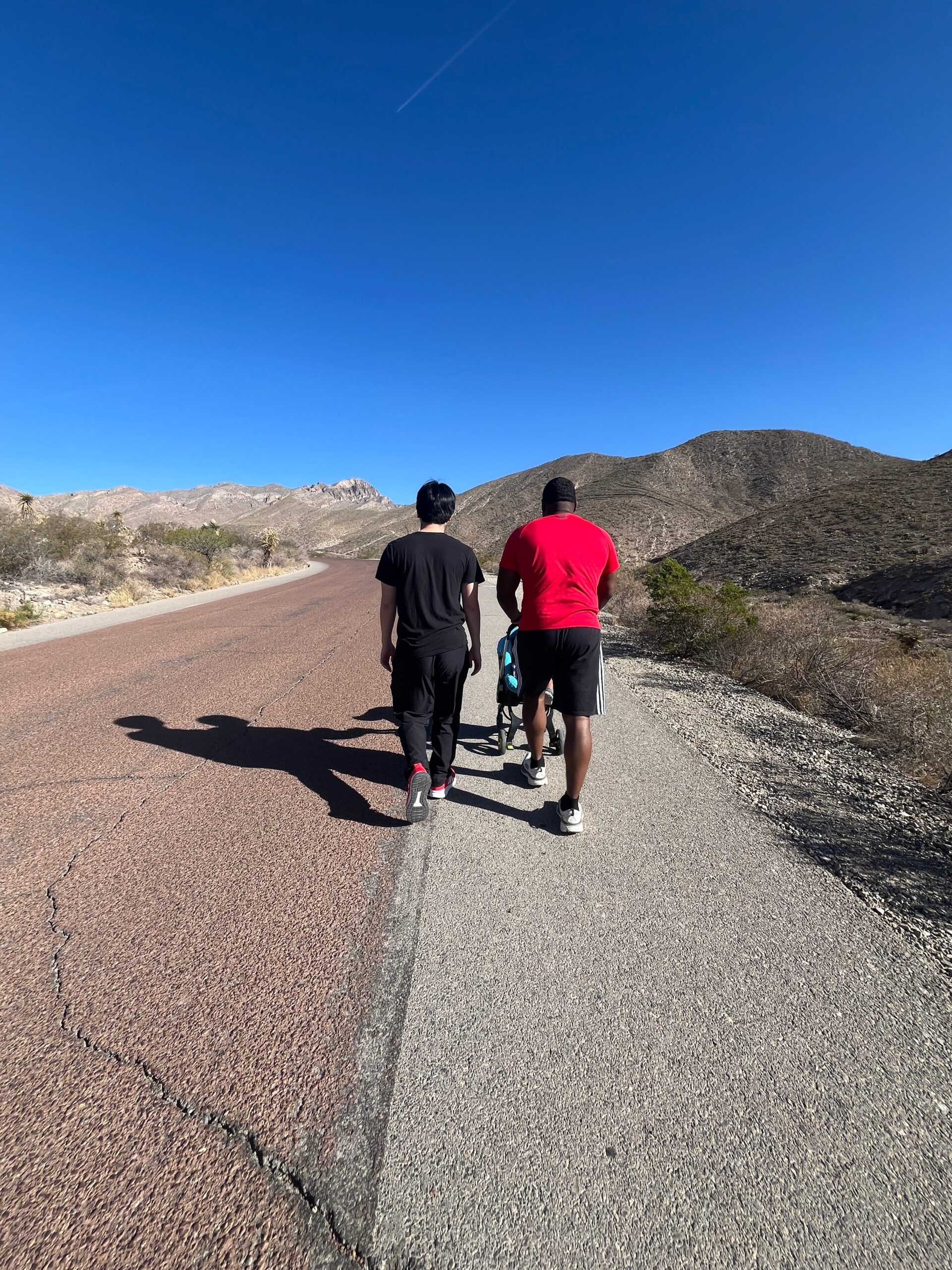 Two people walk away from the camera along a desert road, one in black and the other in red, with a stroller, under a clear blue sky and rocky hills nearby.