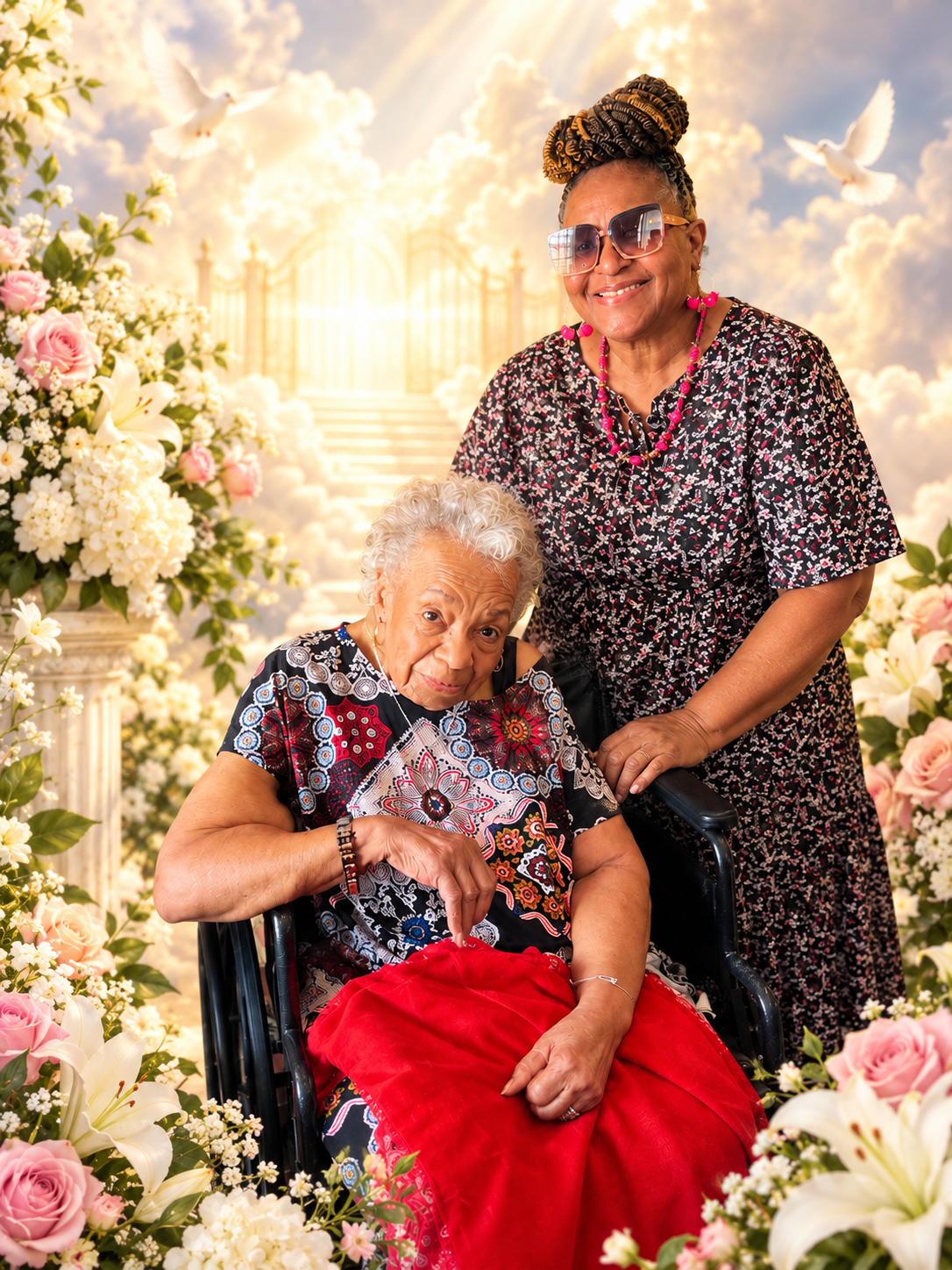 Smiling elderly woman in a wheelchair with a friend standing beside her, surrounded by pink and white flowers and a bright, heavenly backdrop with a gate.