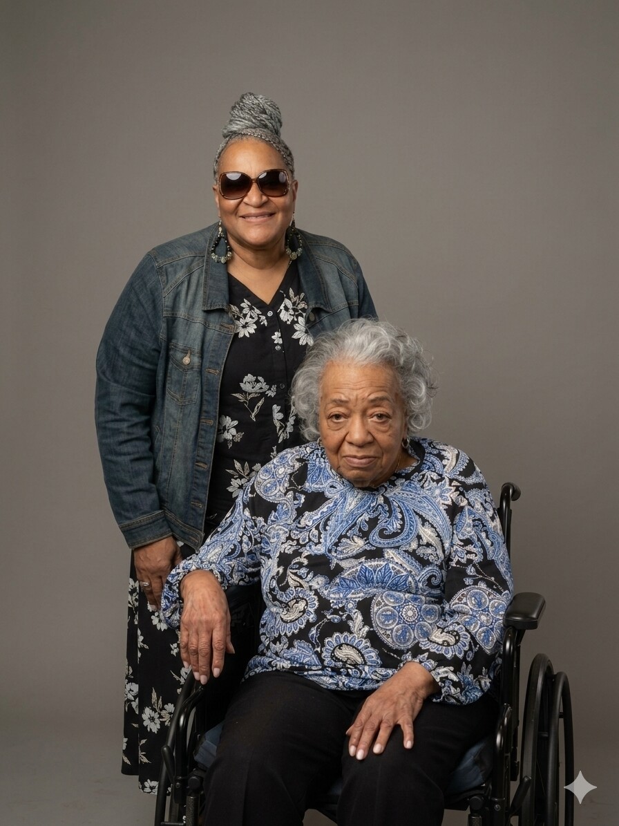 Two smiling women pose together: a standing woman in a denim jacket and sunglasses beside a seated elderly woman in a blue paisley top.