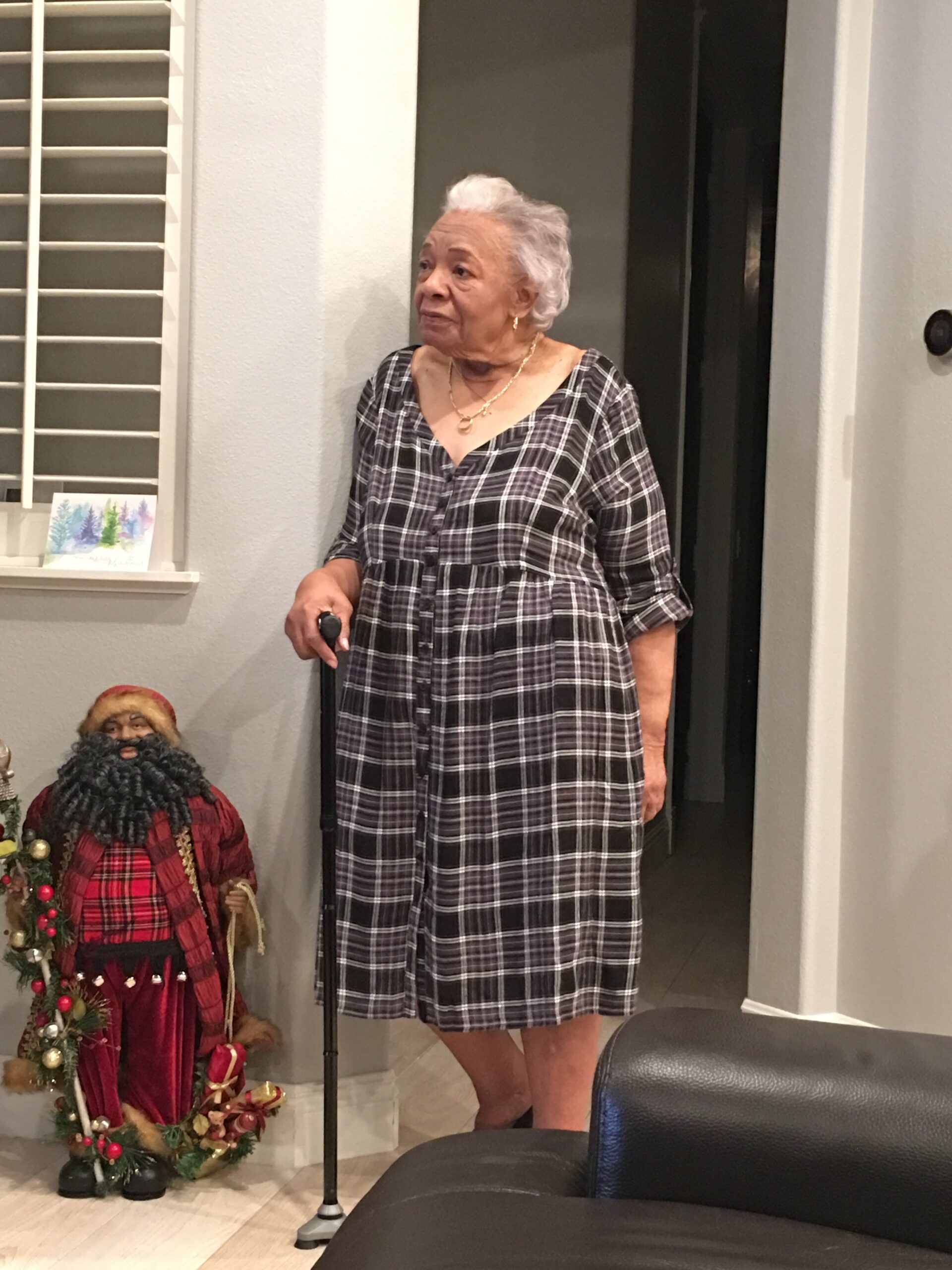 Elderly woman with short white hair standing with a microphone in a plaid dress in a living room with Christmas decorations nearby.