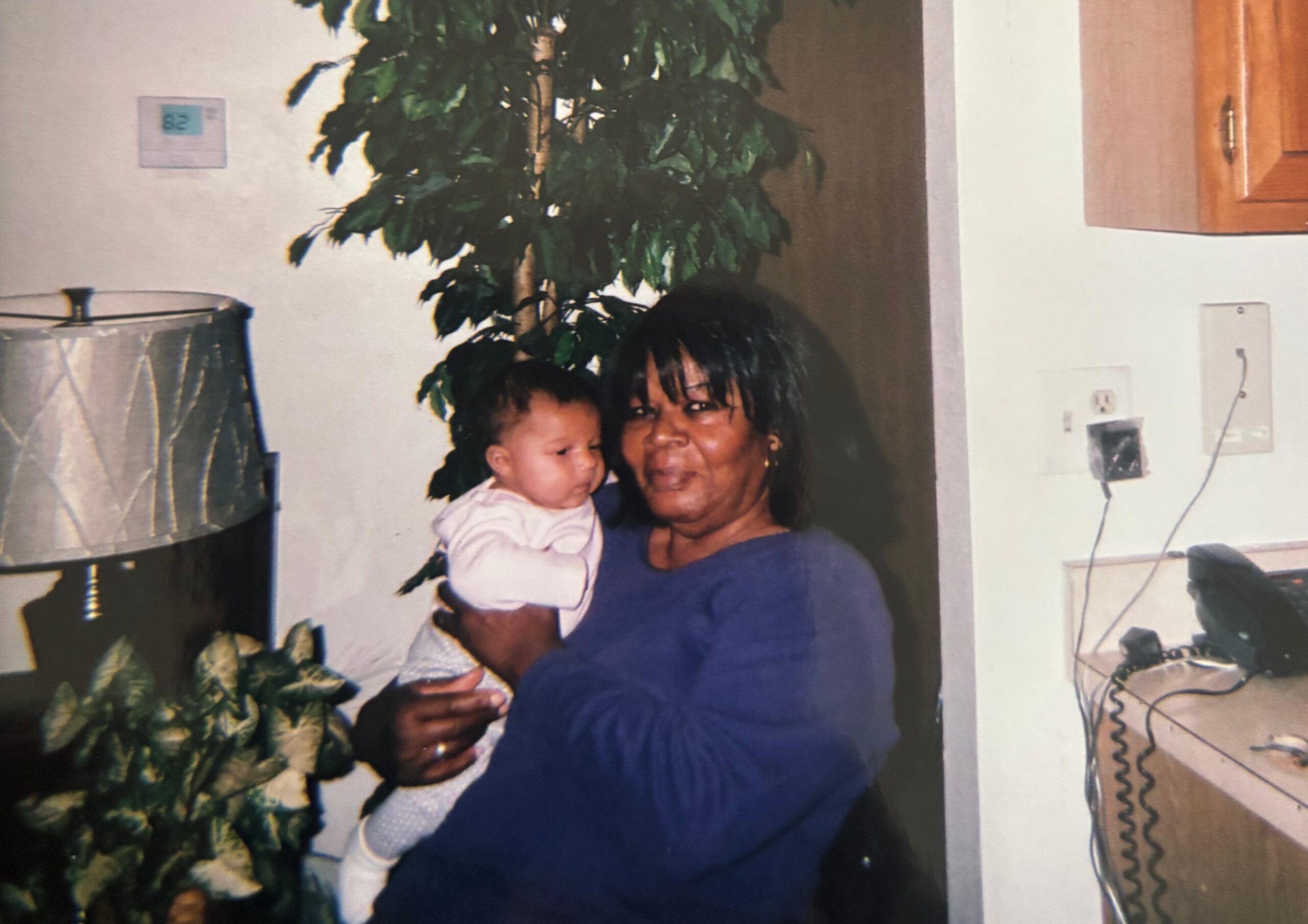 Woman in a blue top holding a baby indoors, with a large leafy plant behind them in a home setting.