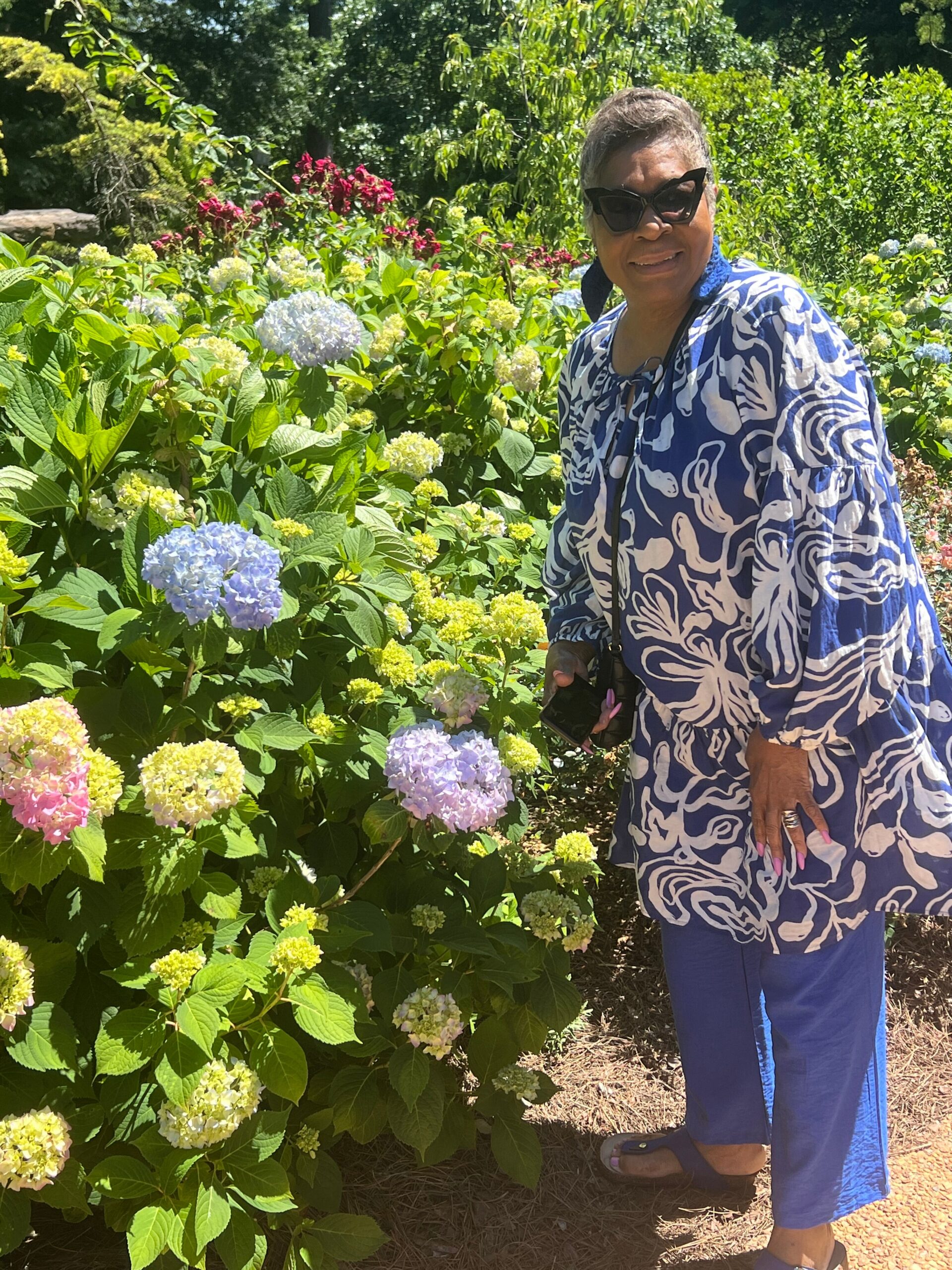 Woman in blue and white patterned outfit smiling among hydrangea bushes in a sunny garden.